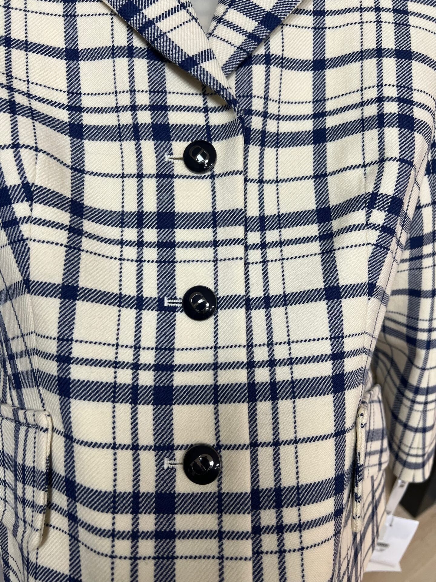 Dior Blue White Check Waist-Cinched Blazer — detail
