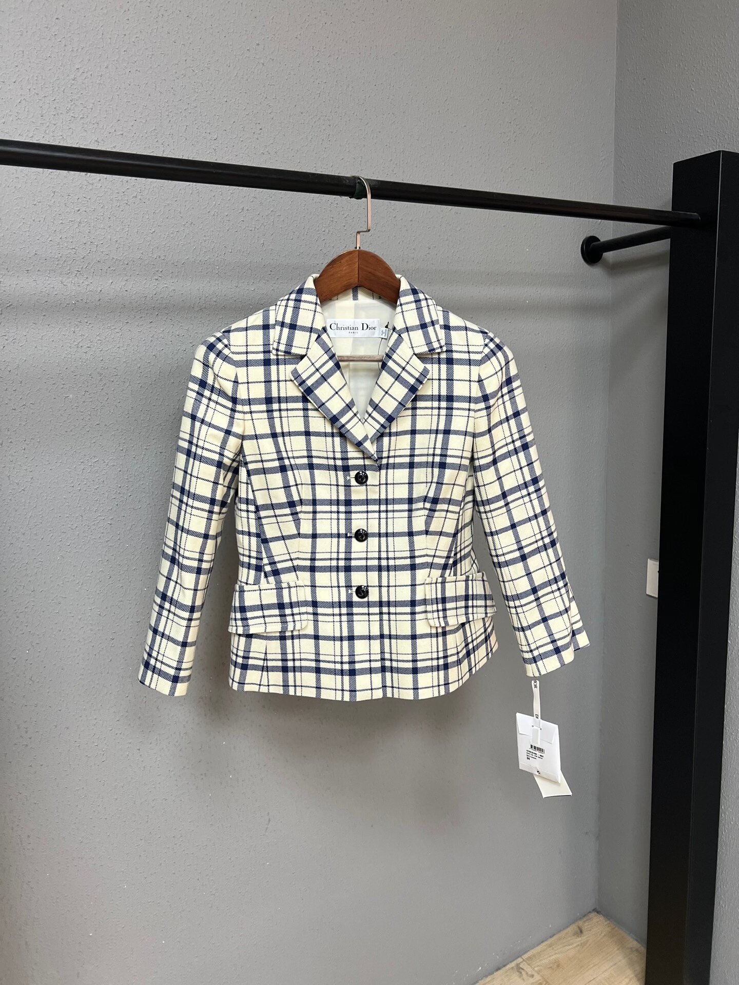 Dior Blue White Check Waist-Cinched Blazer