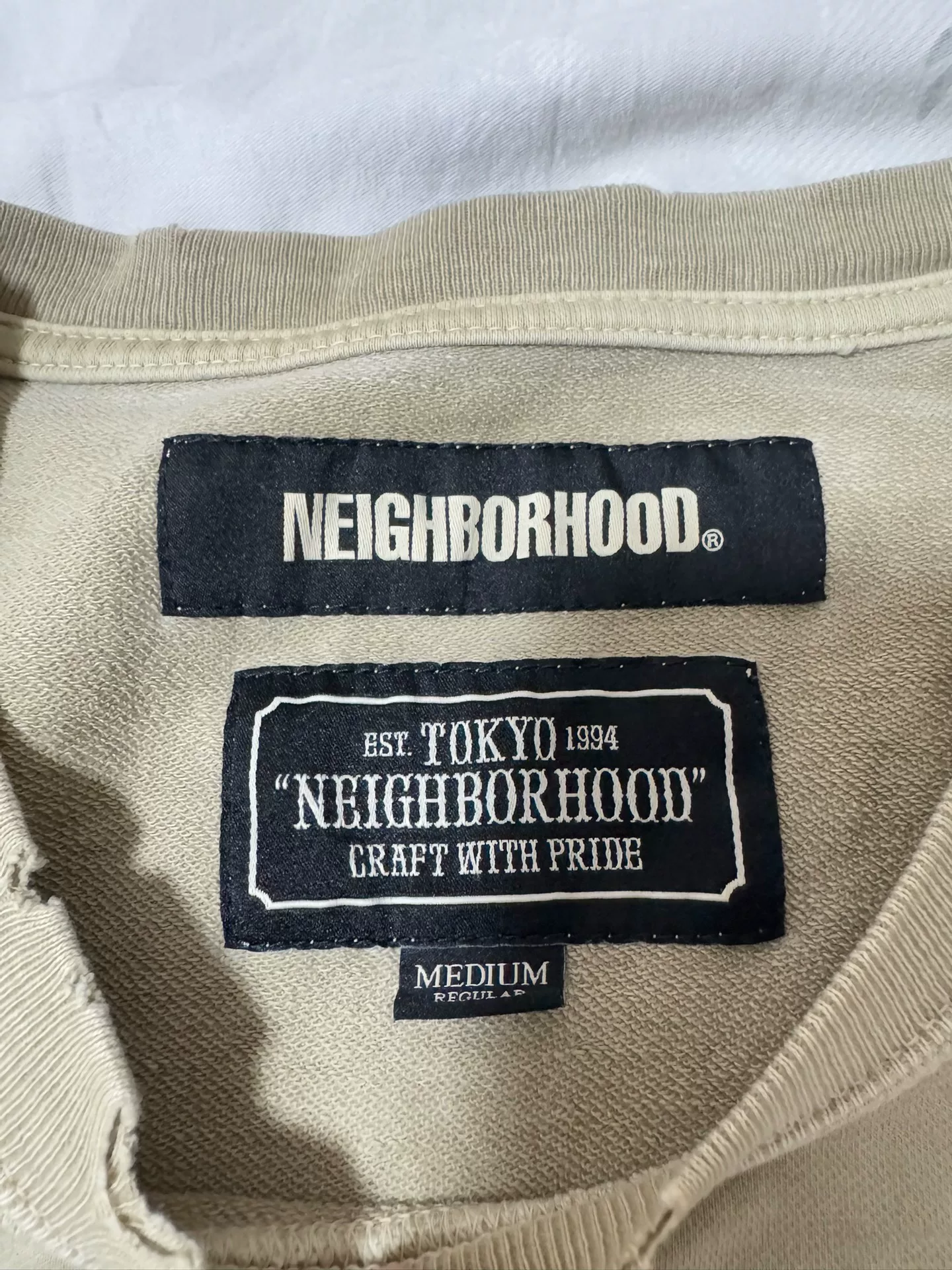 NEIGHBORHOOD 19AW Wax-Dyed Distressed T-shirt — detail