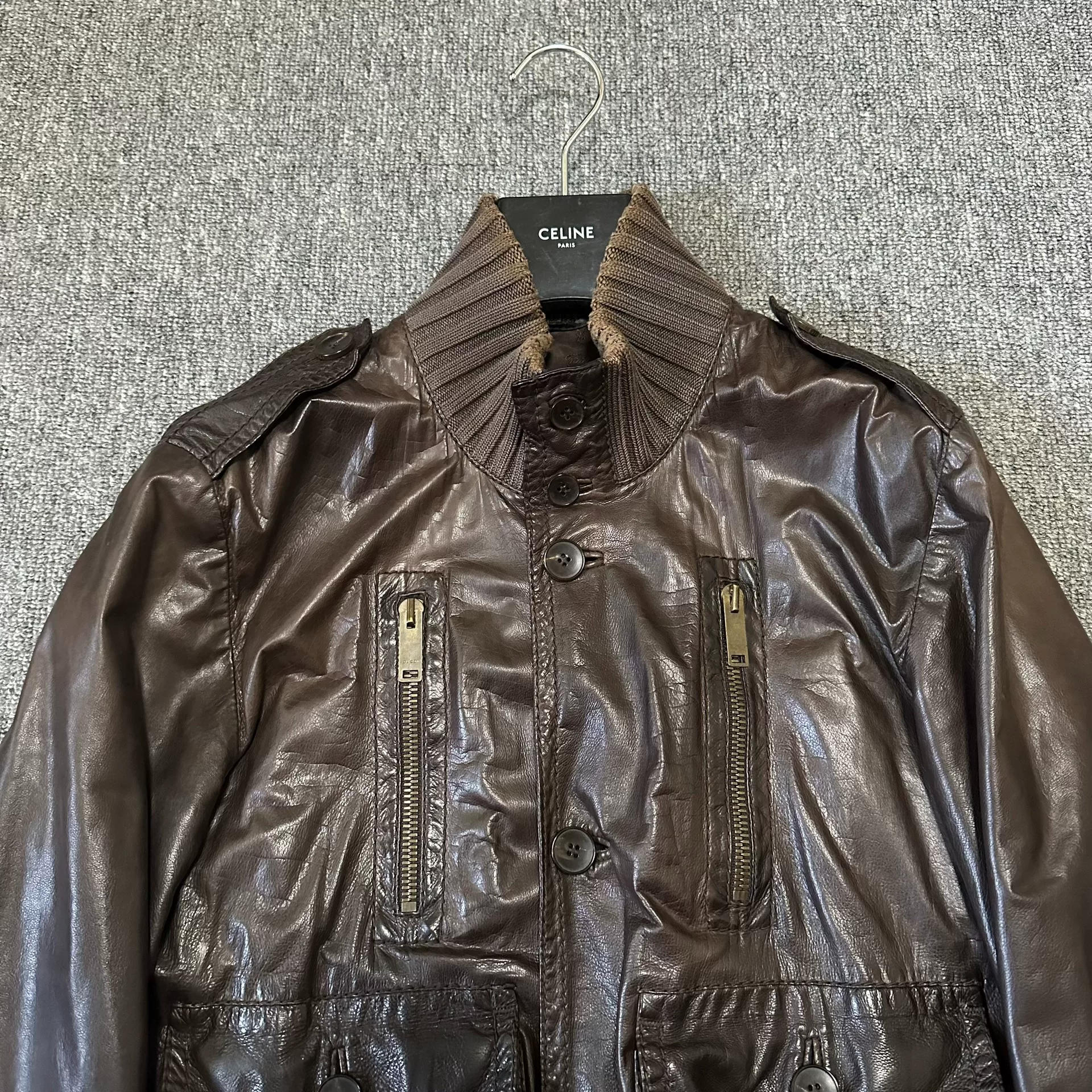 Gucci Brown Leather Moto Jacket — detail