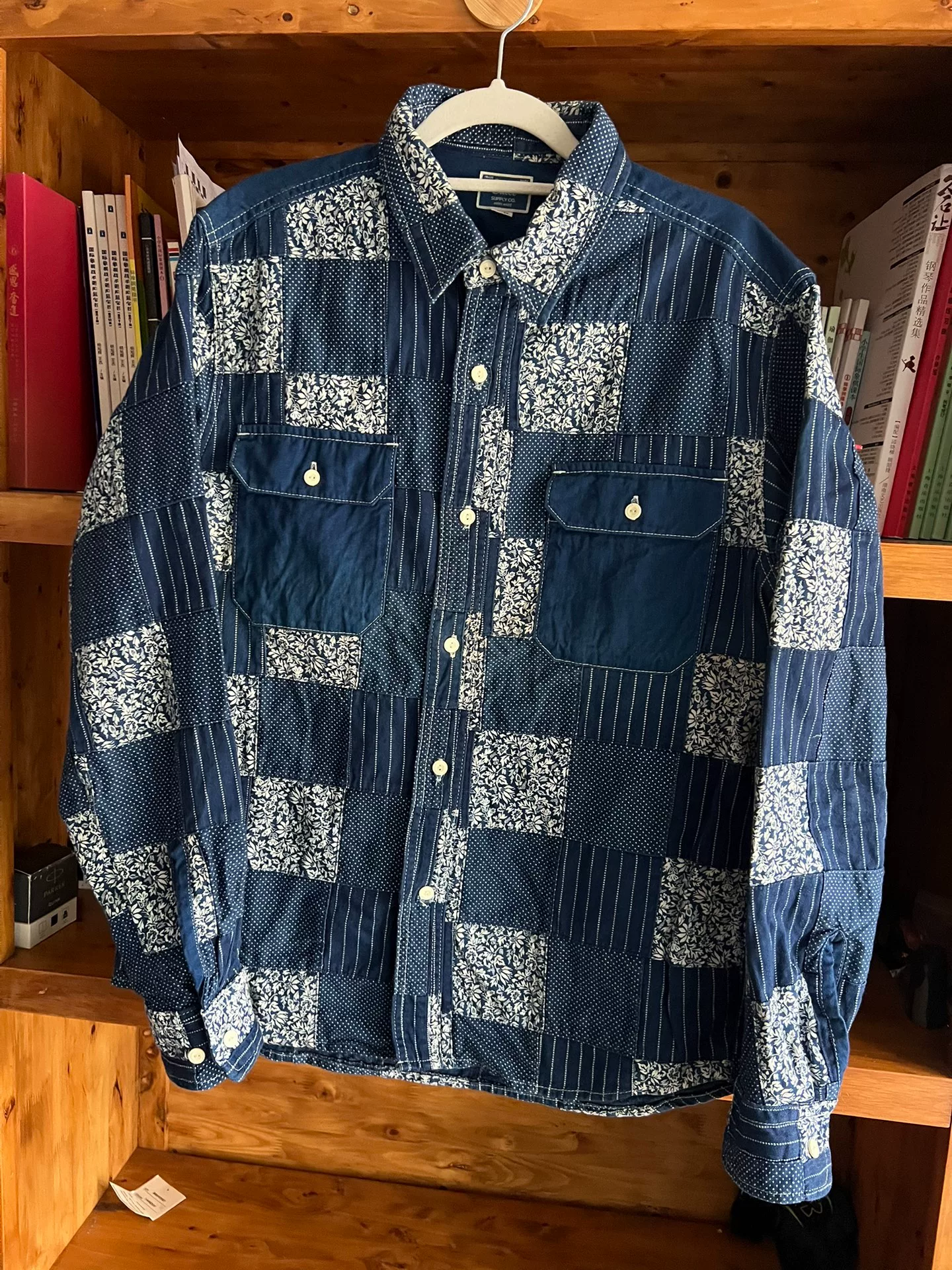 Calee Indigo Dyed Patchwork Shirt — detail