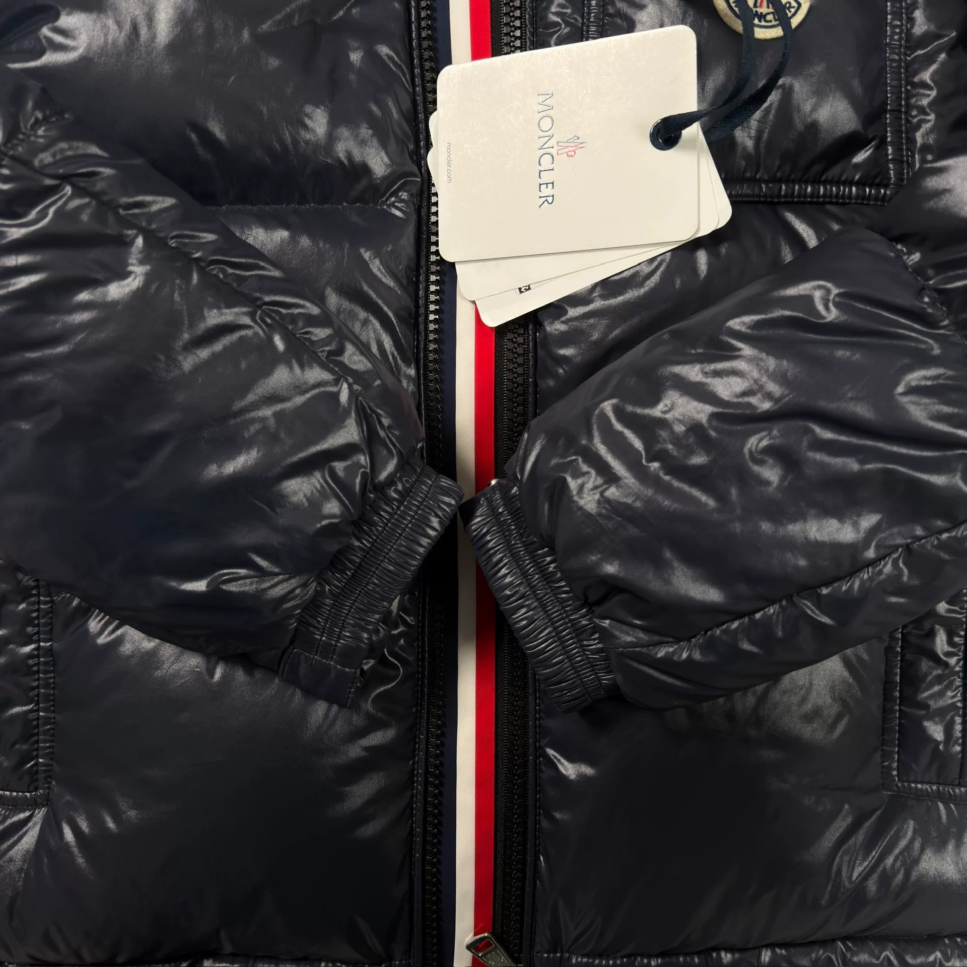 Moncler Midnight Blue Short Down Jacket — detail