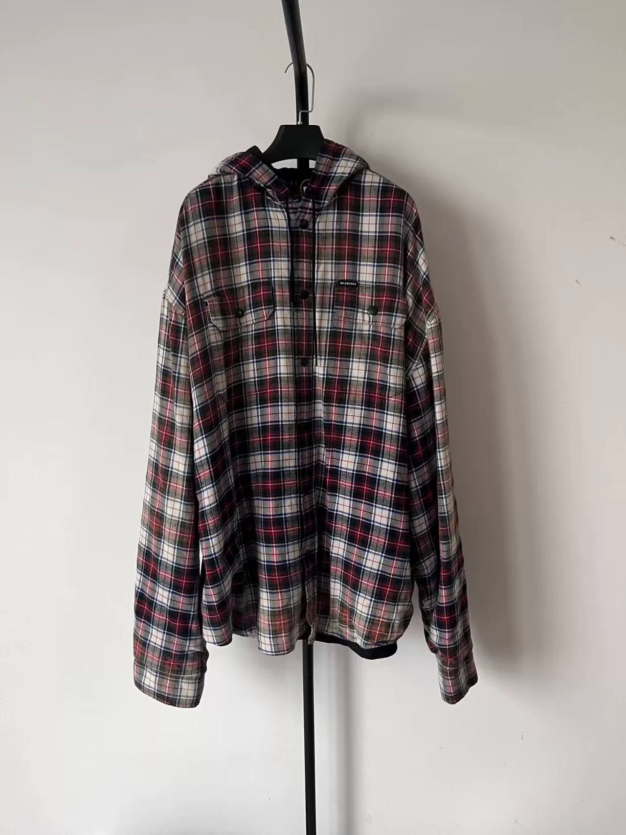 Balenciaga Men's Plaid Hooded Long-Sleeve Shirt