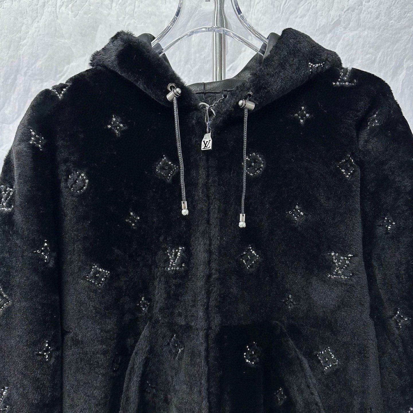Louis Vuitton SS25 Shearling Rhinestone Hooded Jacket — front