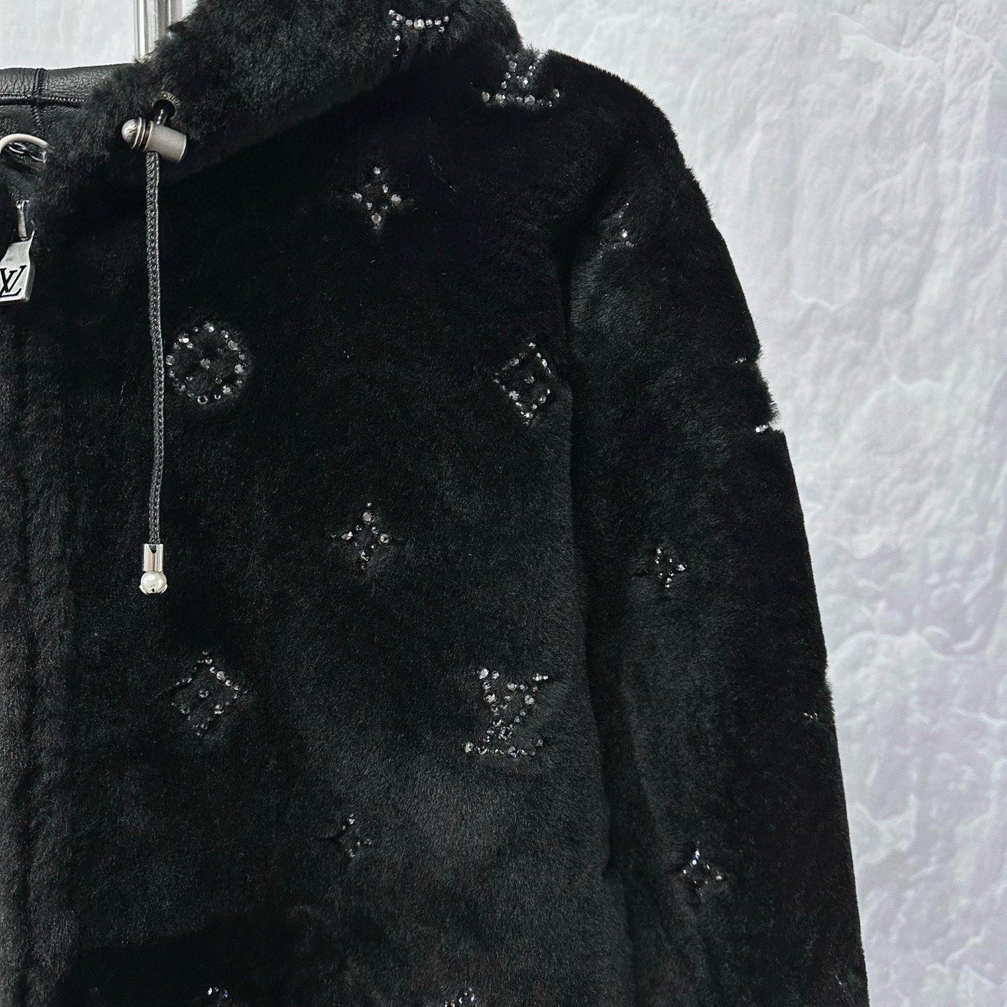 Louis Vuitton SS25 Shearling Rhinestone Hooded Jacket — detail