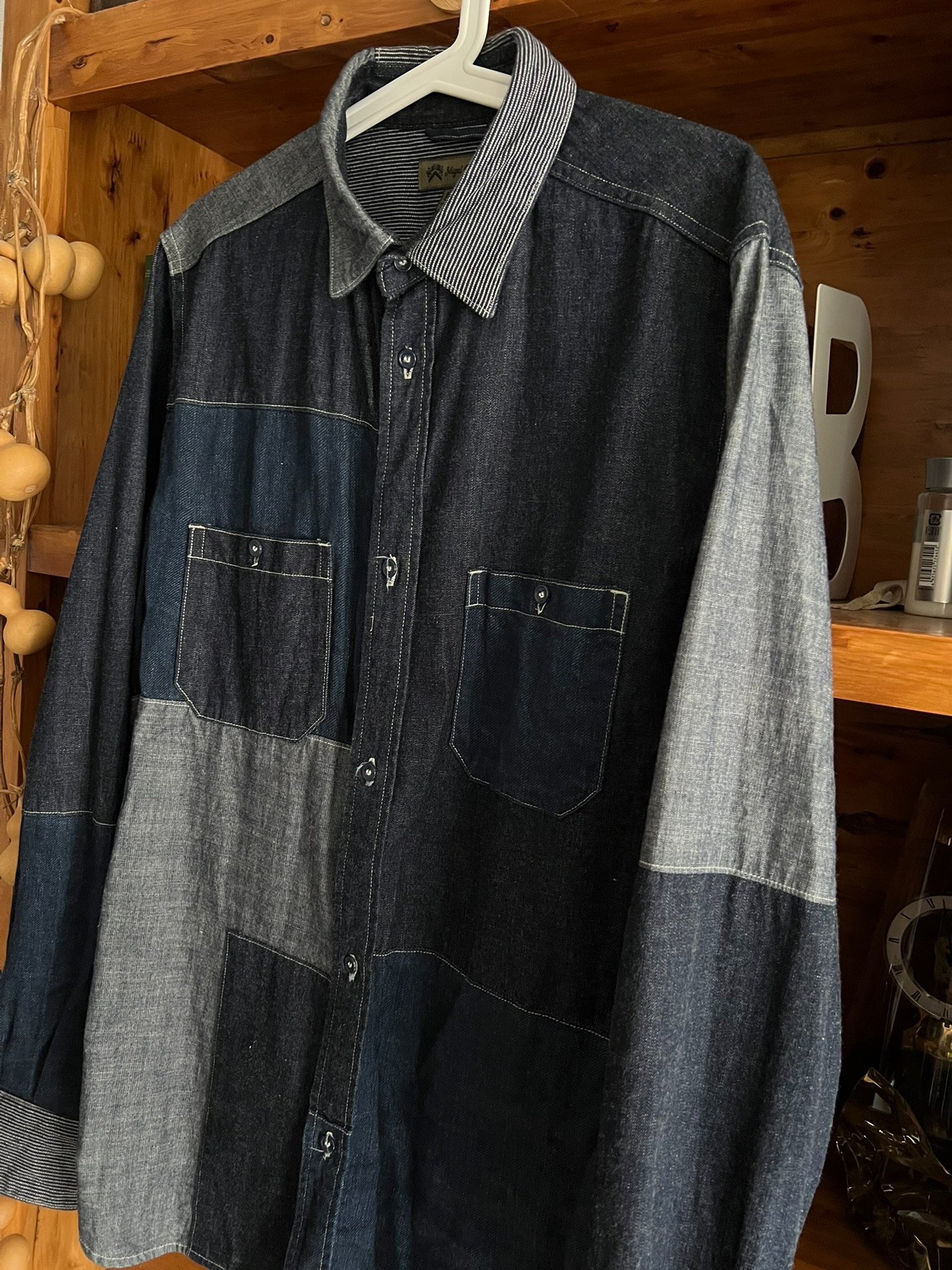 Nigel Cabourn Indigo Patchwork Workwear Shirt — detail