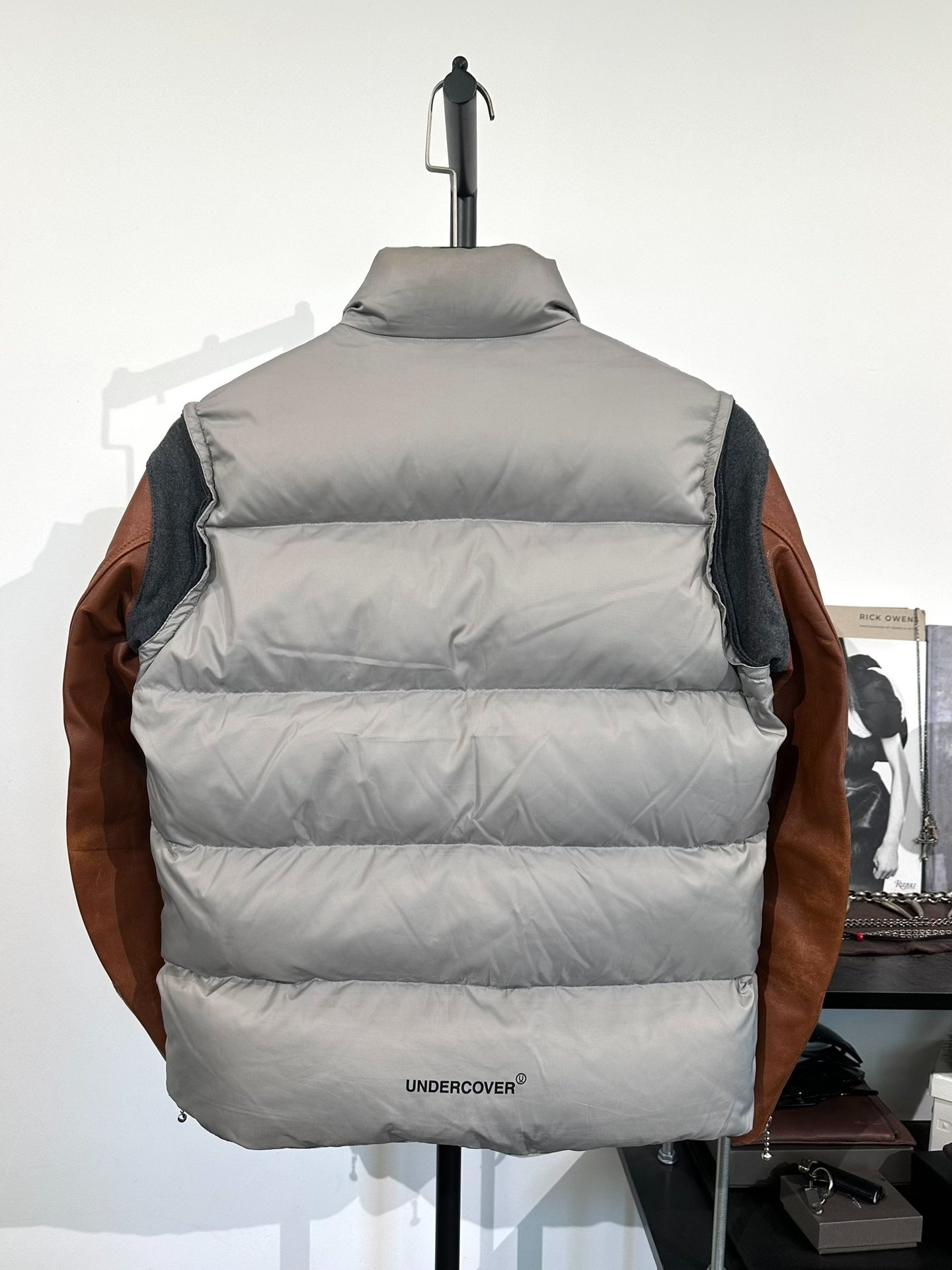 Undercover Gray Puffer Jacket Leather Sleeves — front