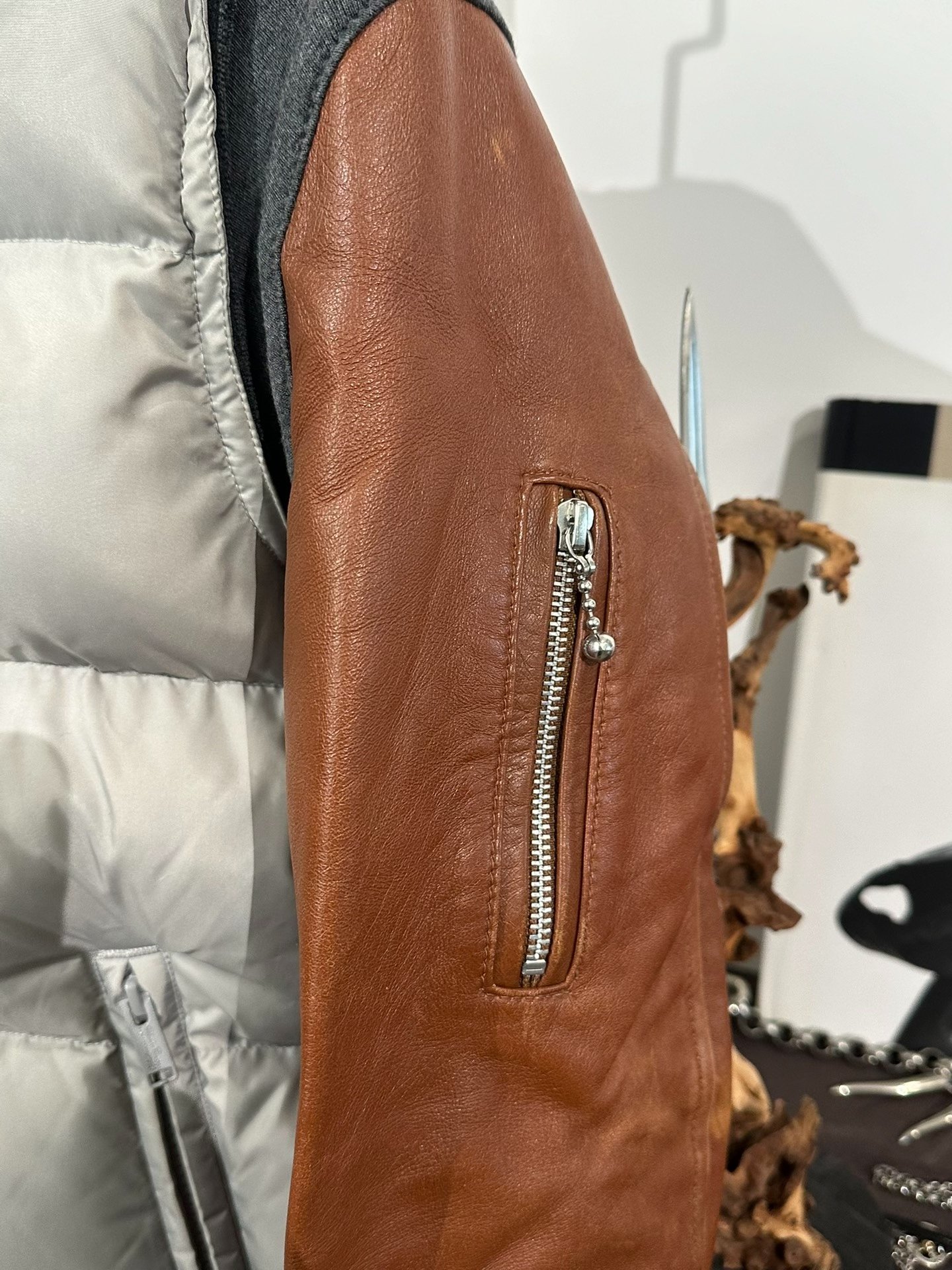 Undercover Gray Puffer Jacket Leather Sleeves — back