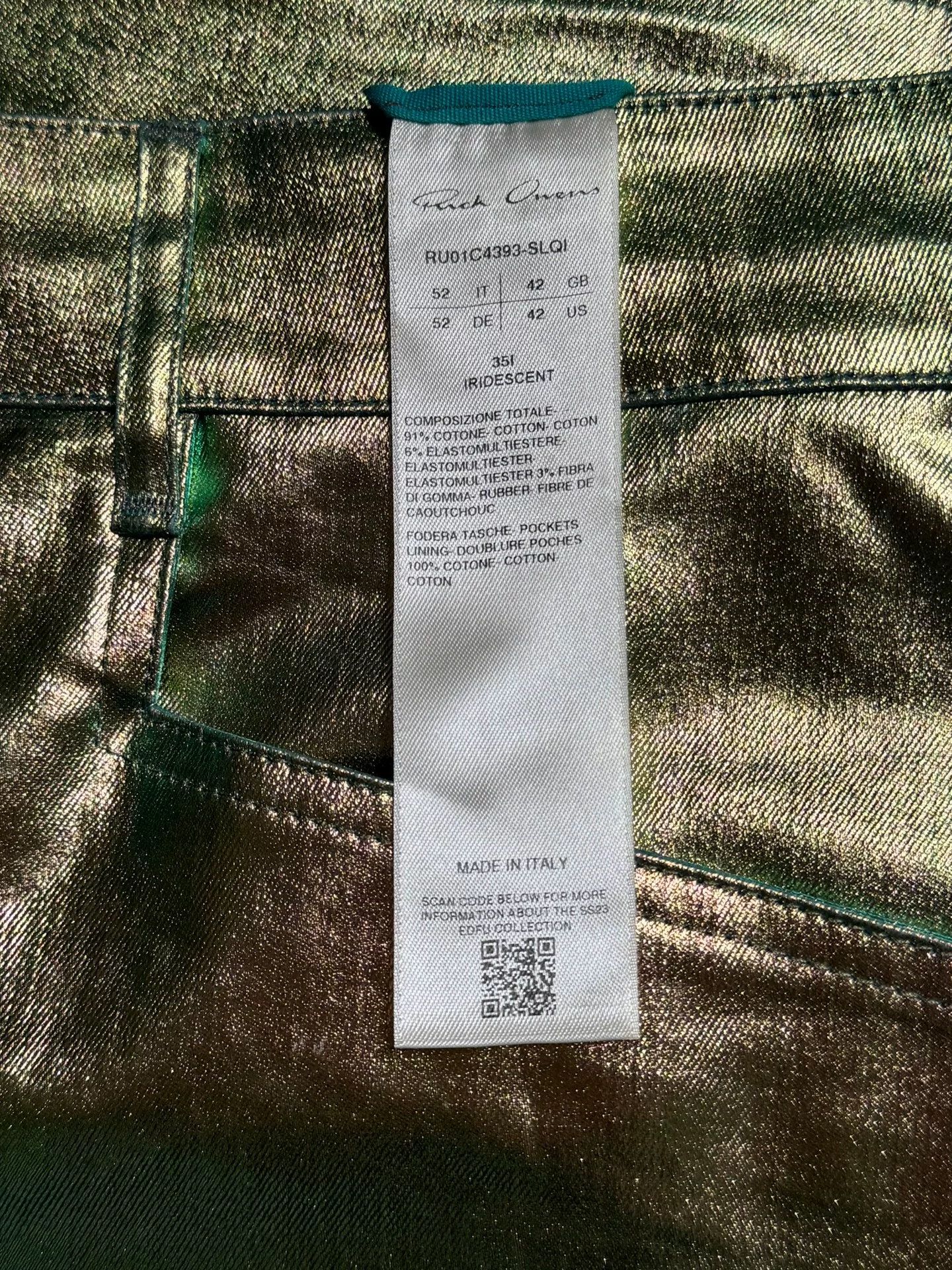 Rick Owens Metallic Green Straight-Leg Pants — label