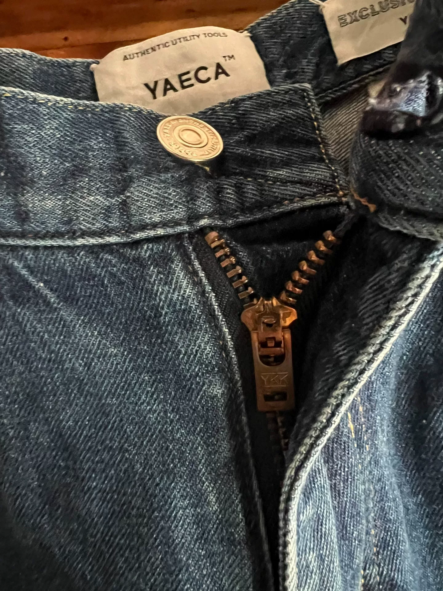 YAECA Women's Japanese Indigo Selvedge Jeans — label