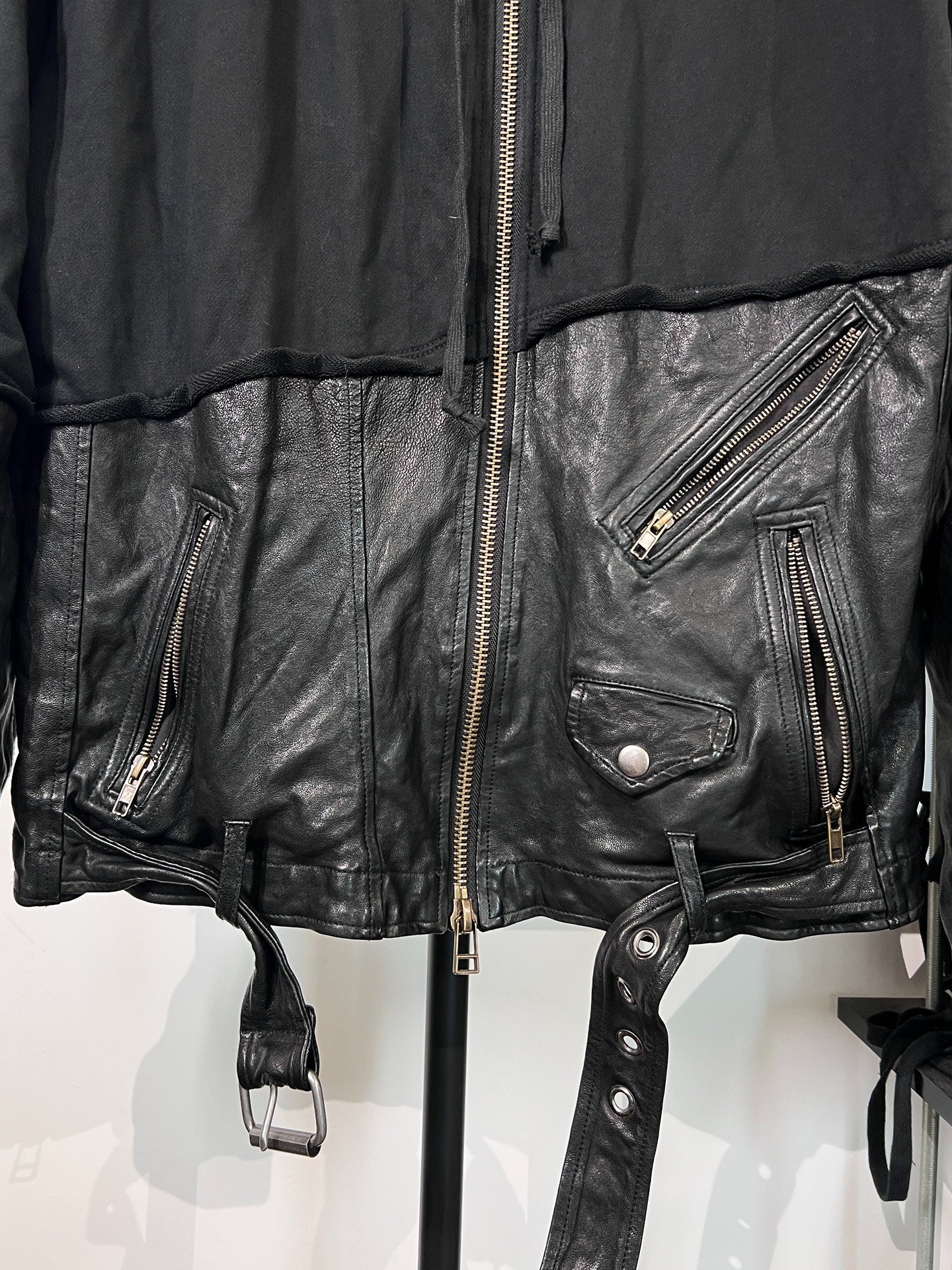 Greg Lauren Black Leather Splicing Hooded Jacket — back