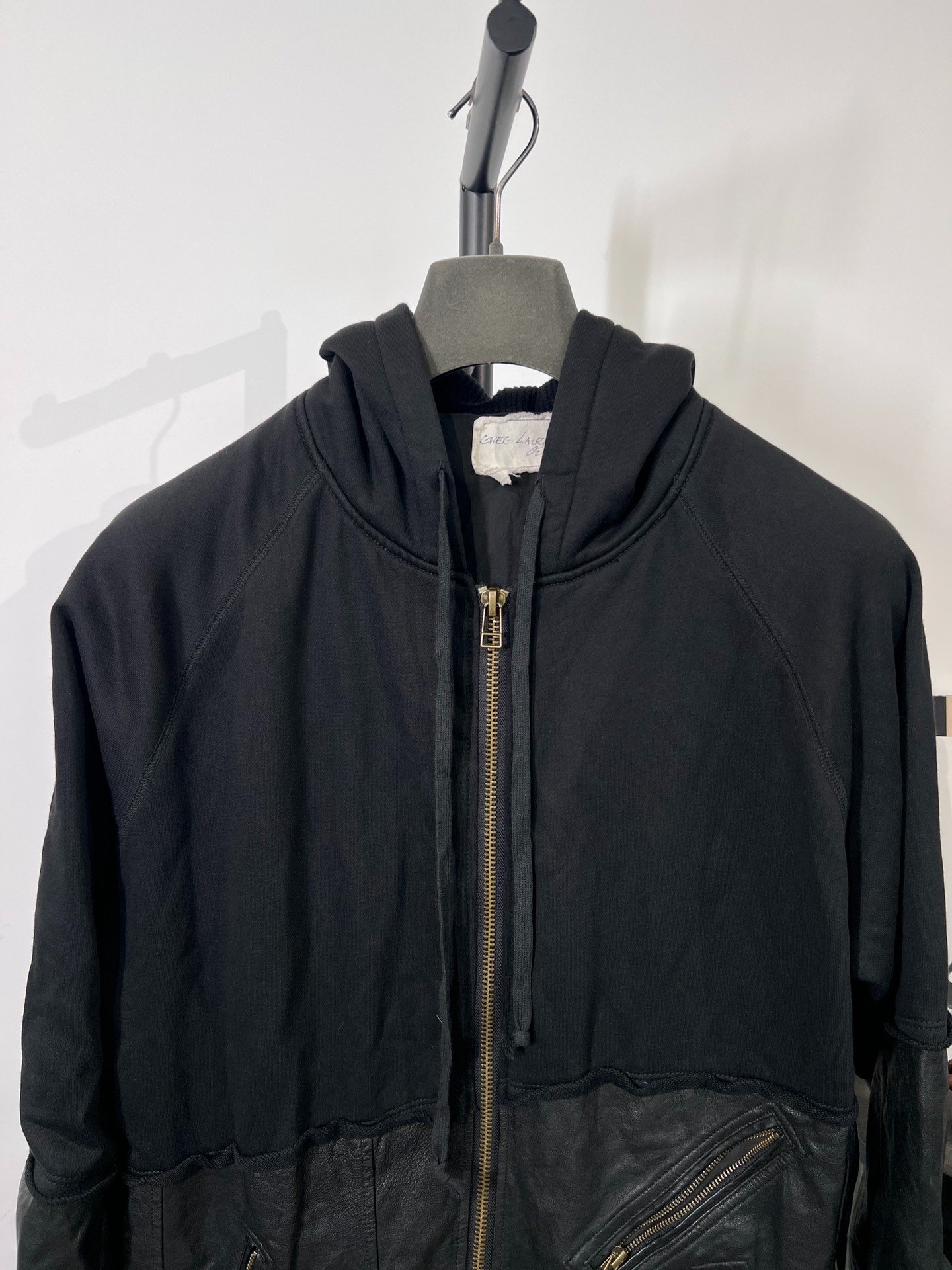 Greg Lauren Black Leather Splicing Hooded Jacket — detail