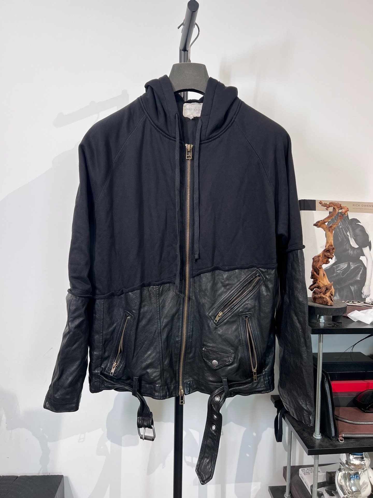 Greg Lauren Black Leather Splicing Hooded Jacket