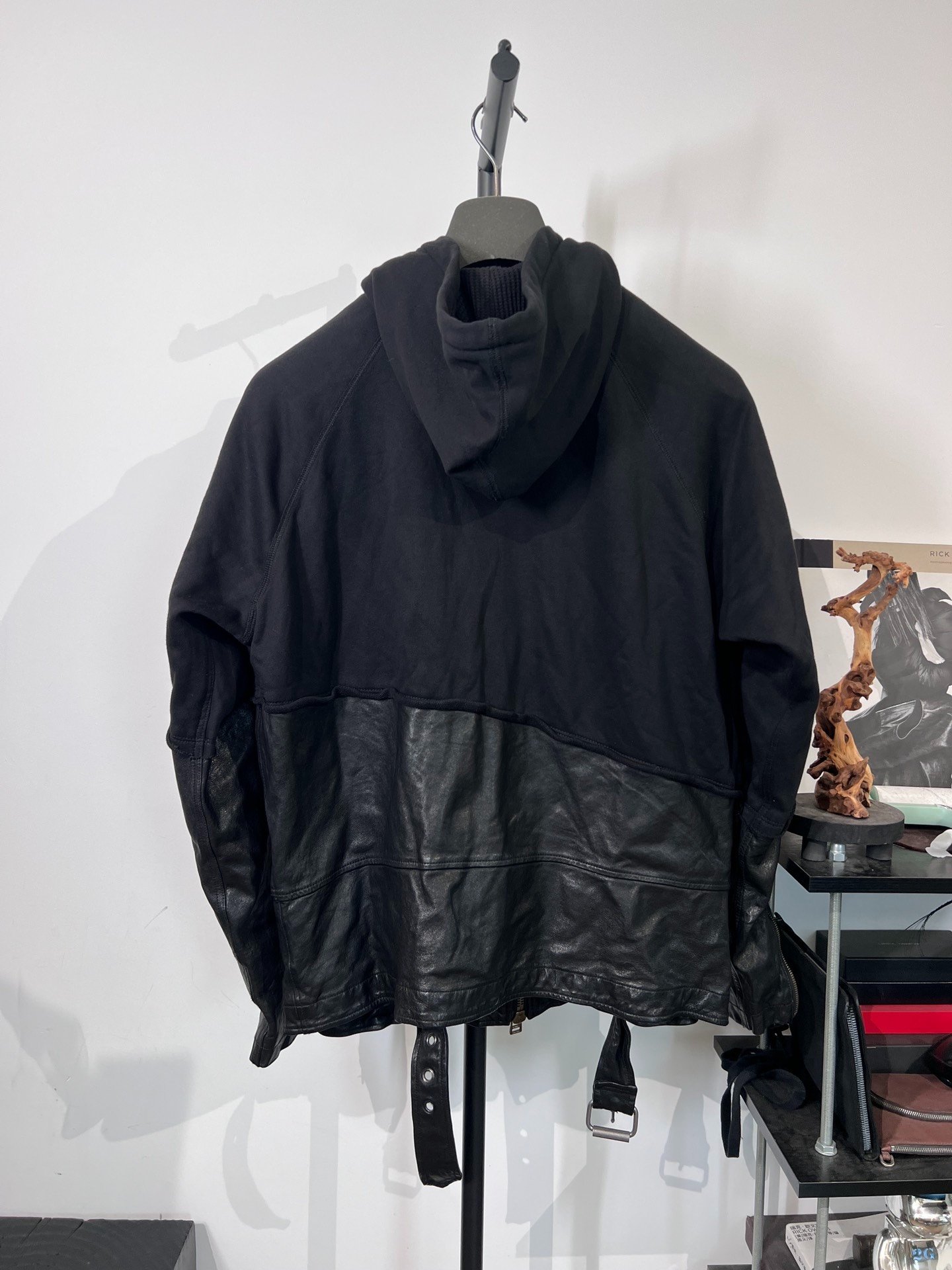 Greg Lauren Black Leather Splicing Hooded Jacket — front
