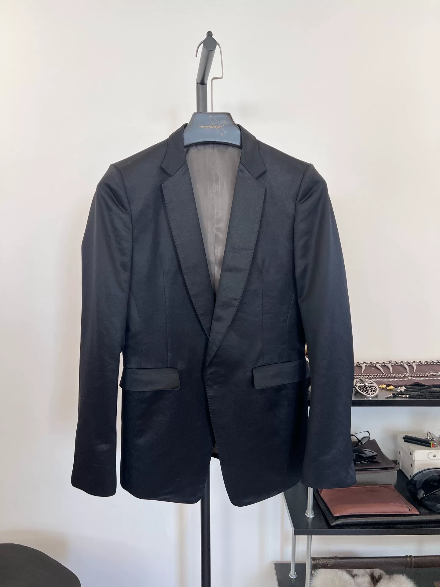 Black Satin Slim-Fit Suit Jacket