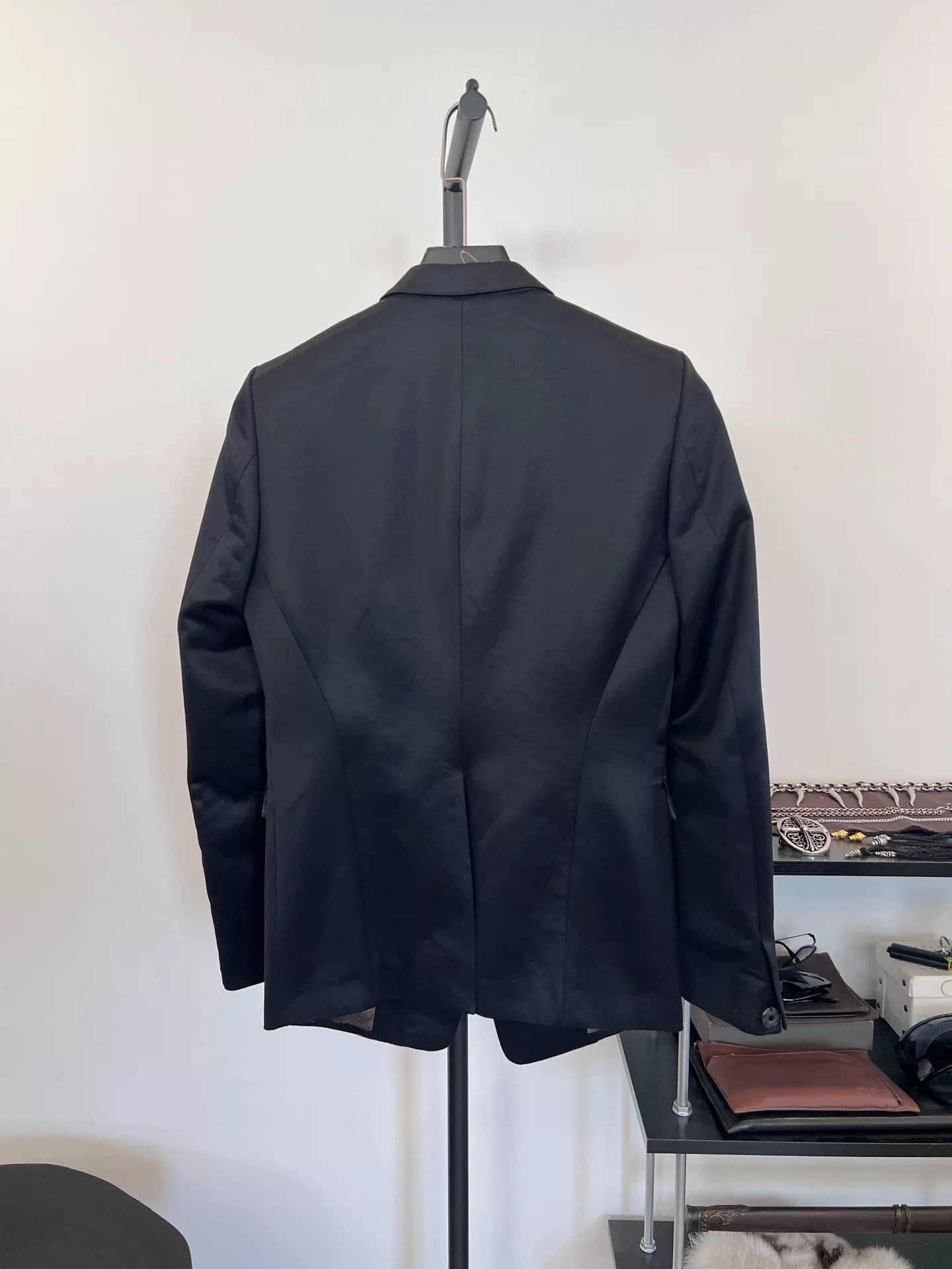 Black Satin Slim-Fit Suit Jacket — front