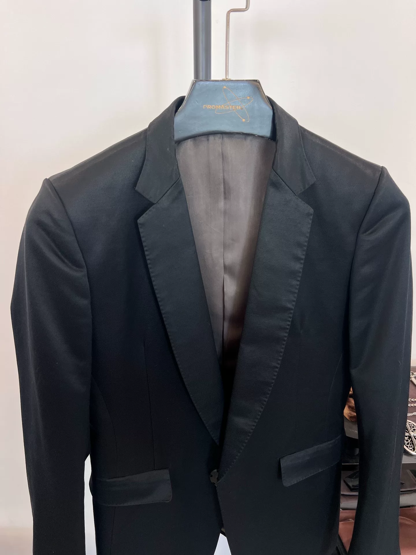 Black Satin Slim-Fit Suit Jacket — detail