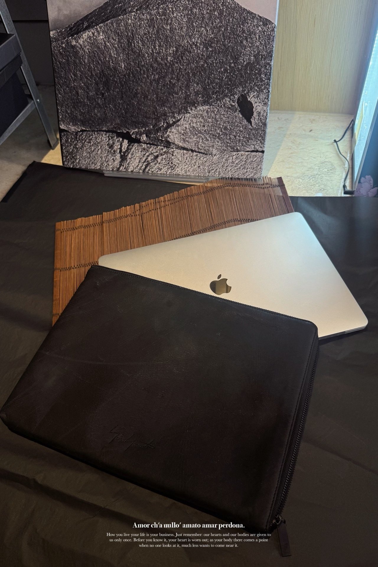 Yohji Yamamoto Distressed Black Leather Laptop Bag — detail