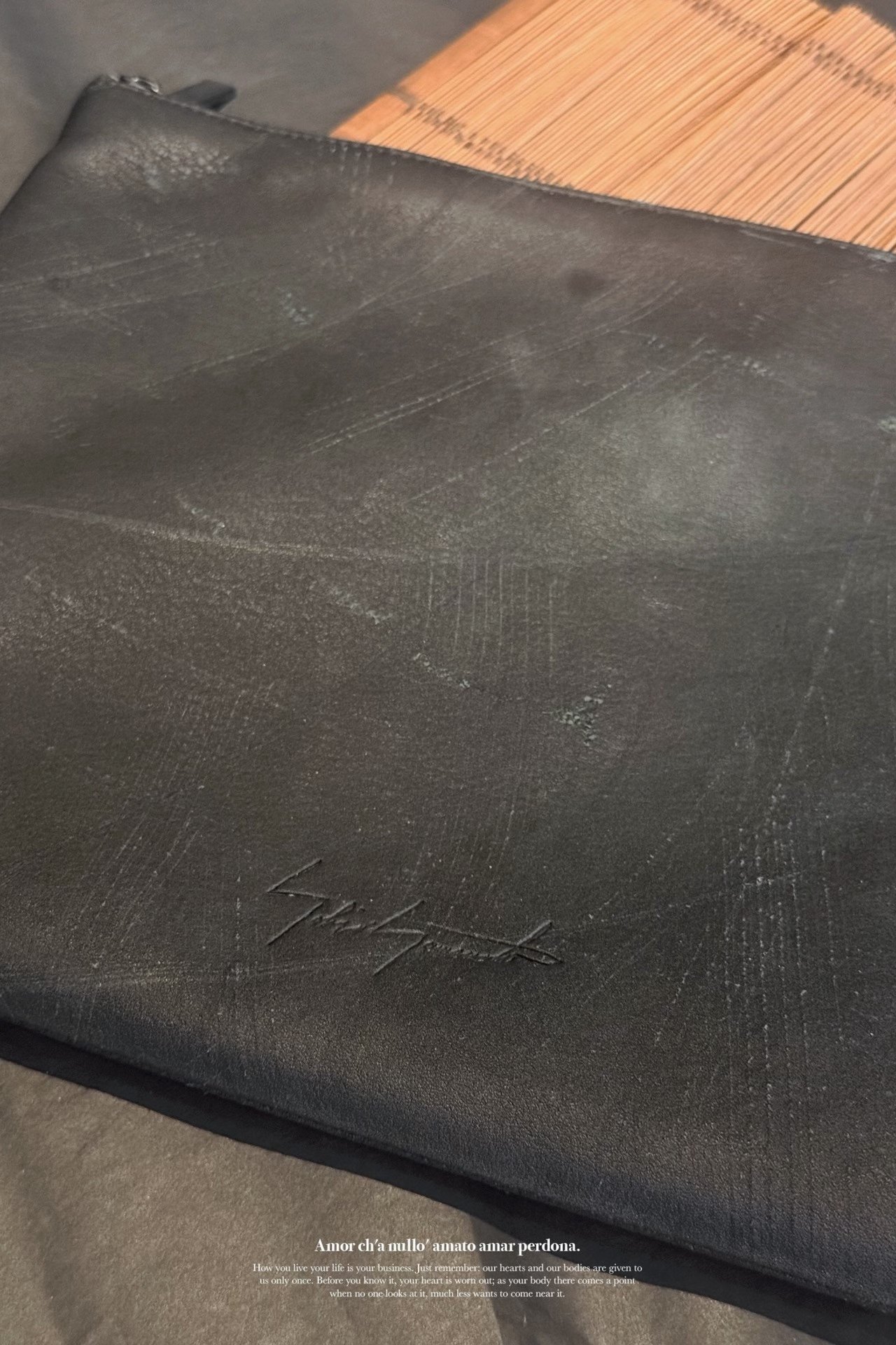 Yohji Yamamoto Distressed Black Leather Laptop Bag — back