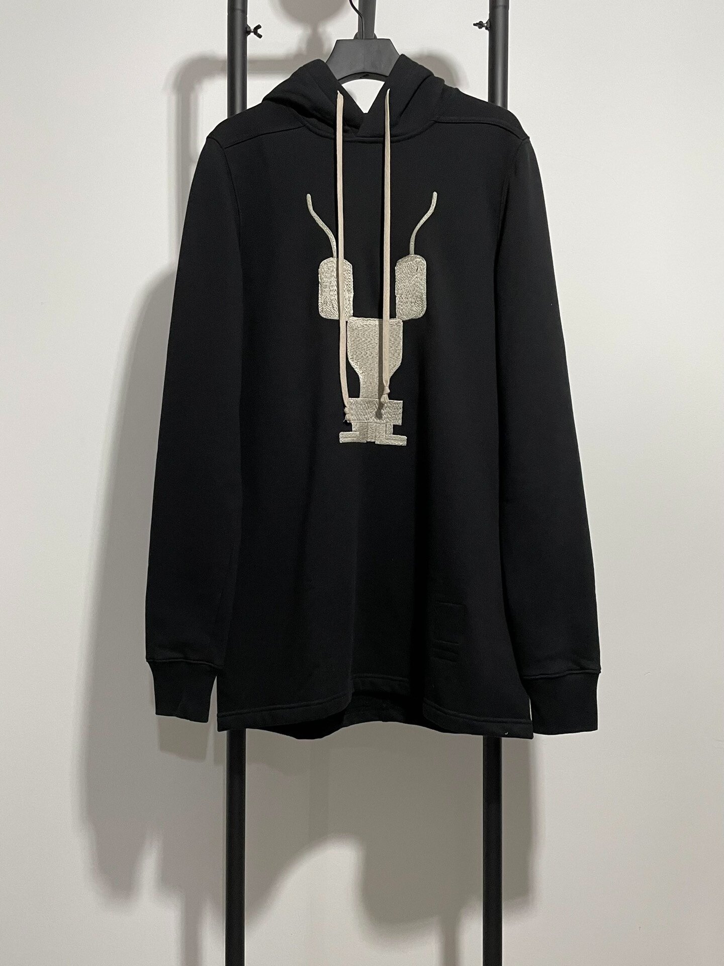 Rick Owens Black Long Hoodie with Beige Embroidery