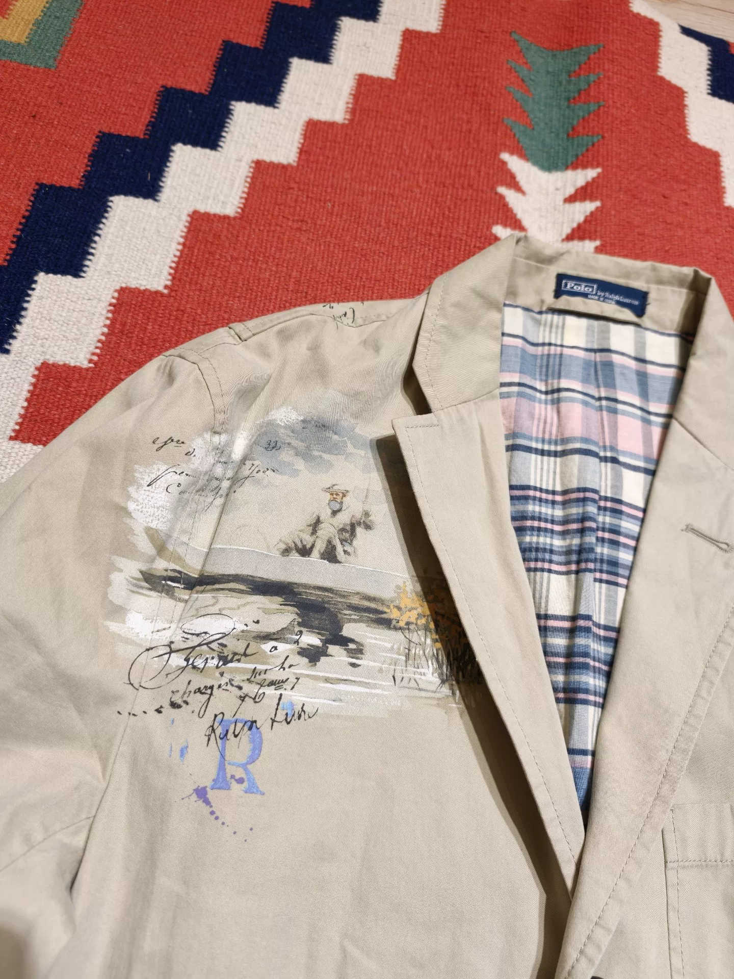 Ralph Lauren Beige Hand-Painted Fishing Blazer — detail