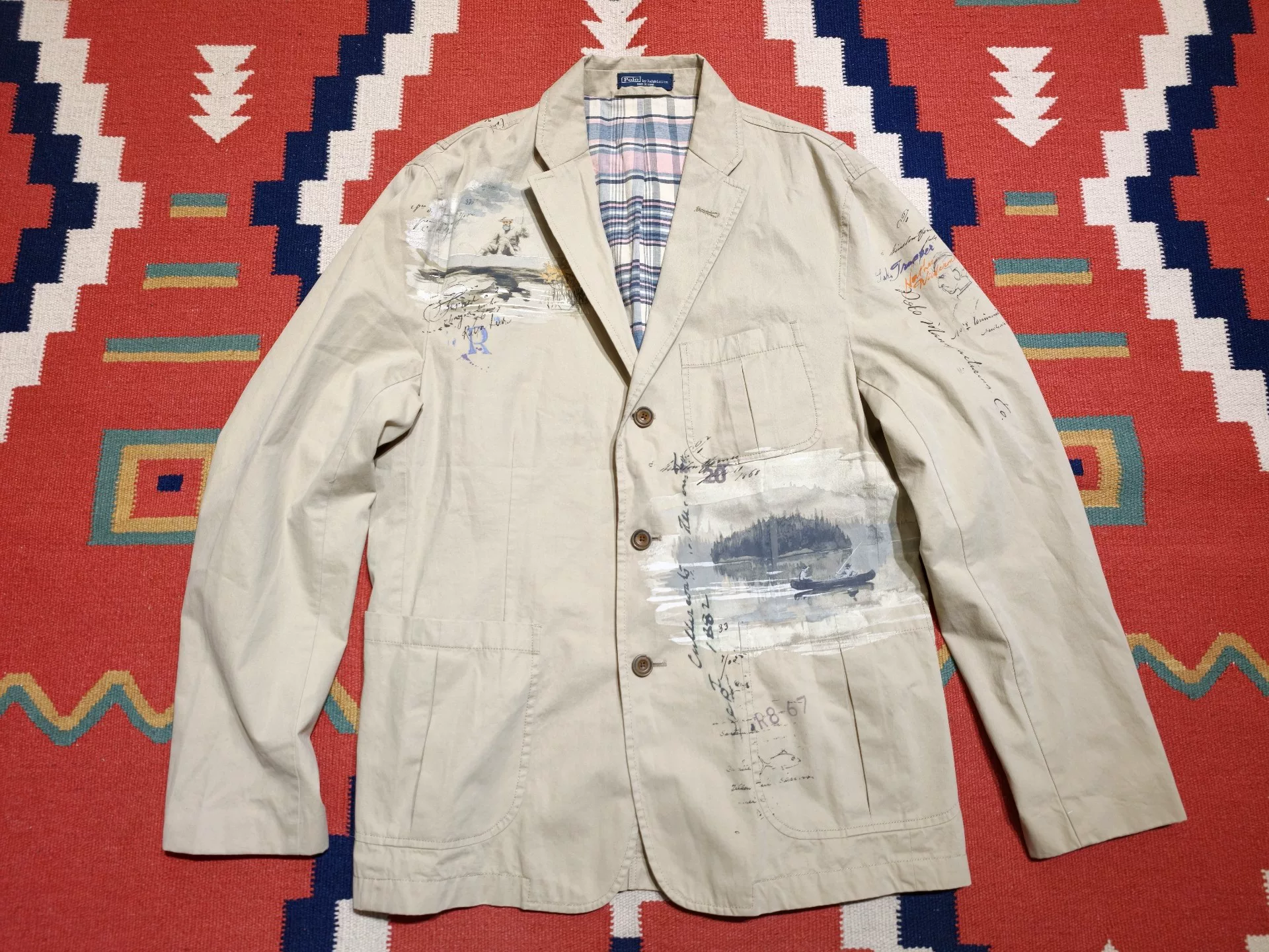 Ralph Lauren Beige Hand-Painted Fishing Blazer
