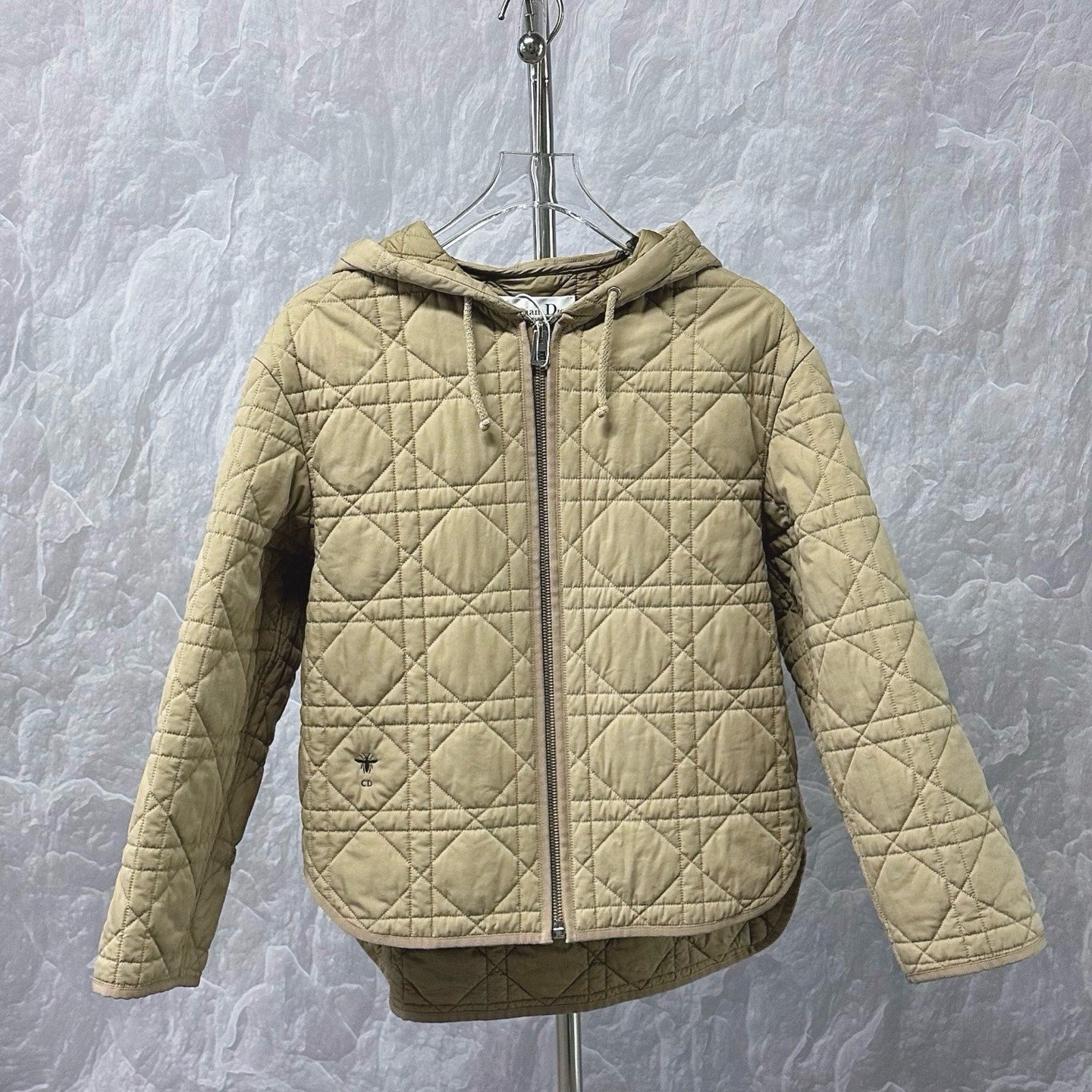 Dior Beige Quilted Diamond Hooded Coat — front