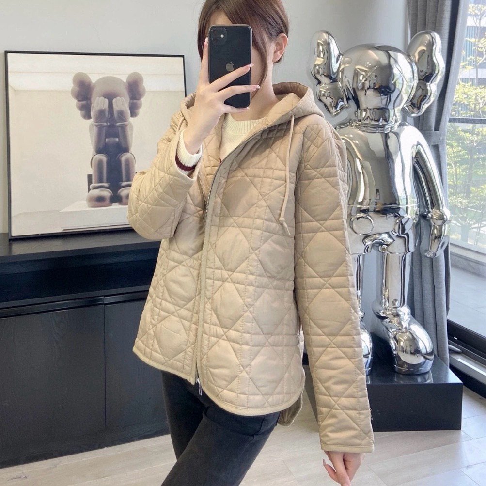 Dior Beige Quilted Diamond Hooded Coat