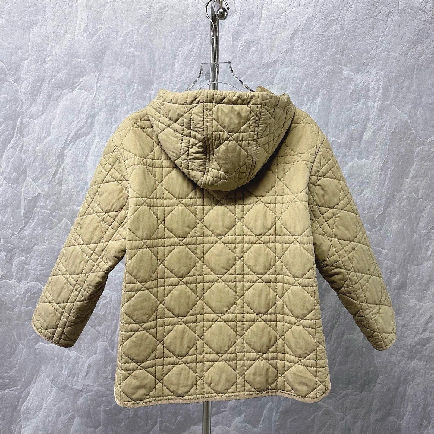Dior Beige Quilted Diamond Hooded Coat — label