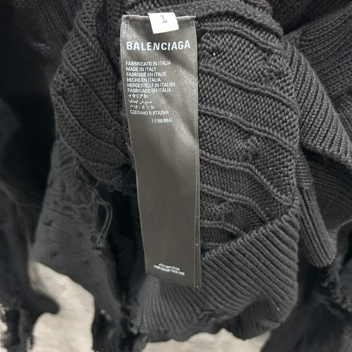 Balenciaga Wheat Embroidery Distressed Knit Sweater — label