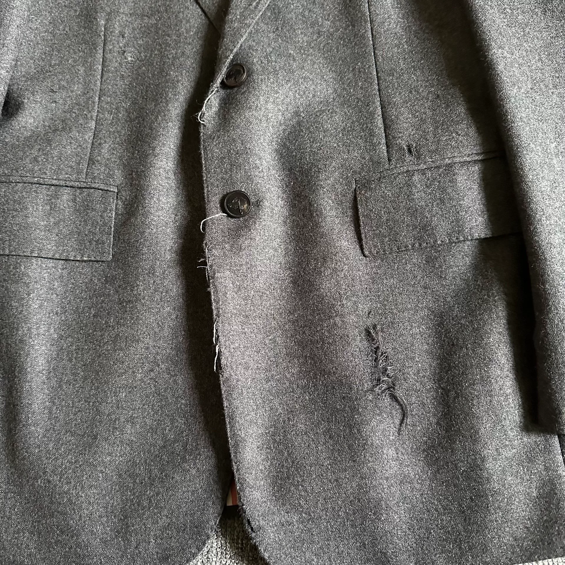 Thom Browne Distressed Gray Wool Suit — detail
