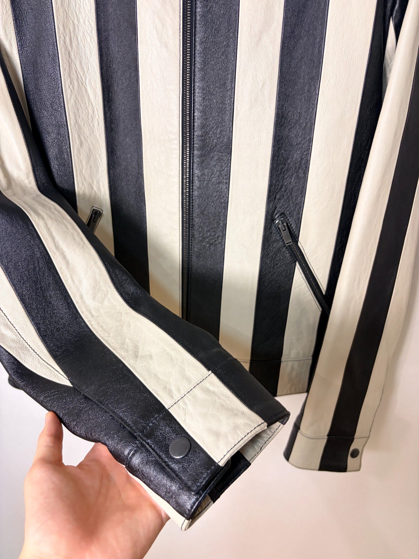 Saint Laurent Lambskin Black White Striped Jacket — detail