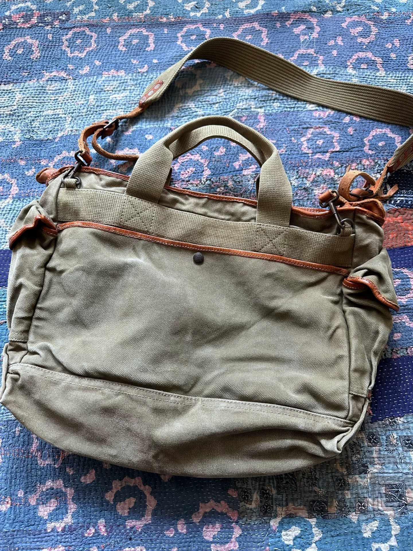 RRL Olive Green Canvas Leather Messenger Bag — front