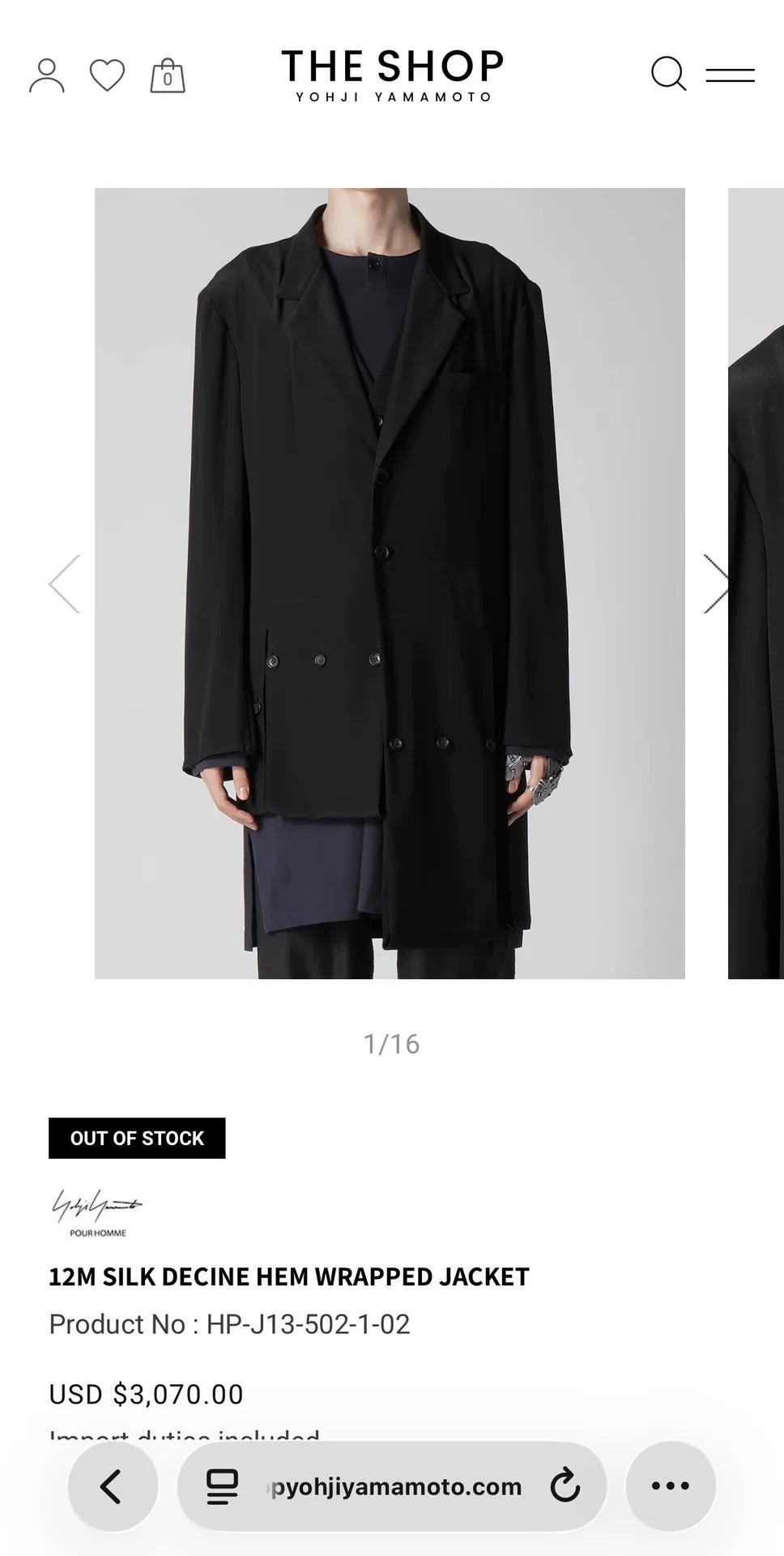 Yohji Yamamoto 25SS Deconstructed Asymmetric Coat — front