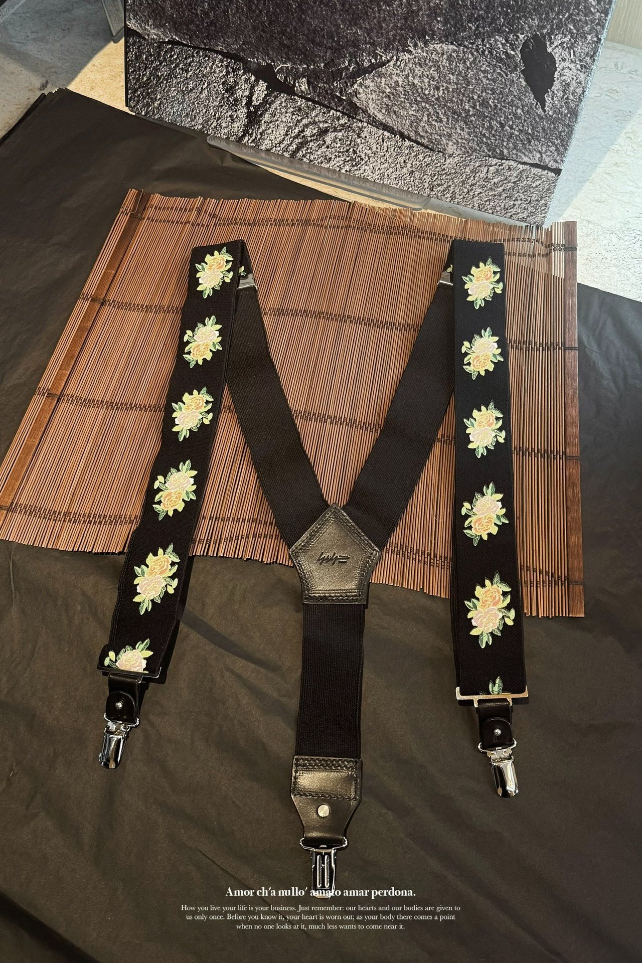 Yohji Yamamoto Black Floral Y-Suspenders — detail