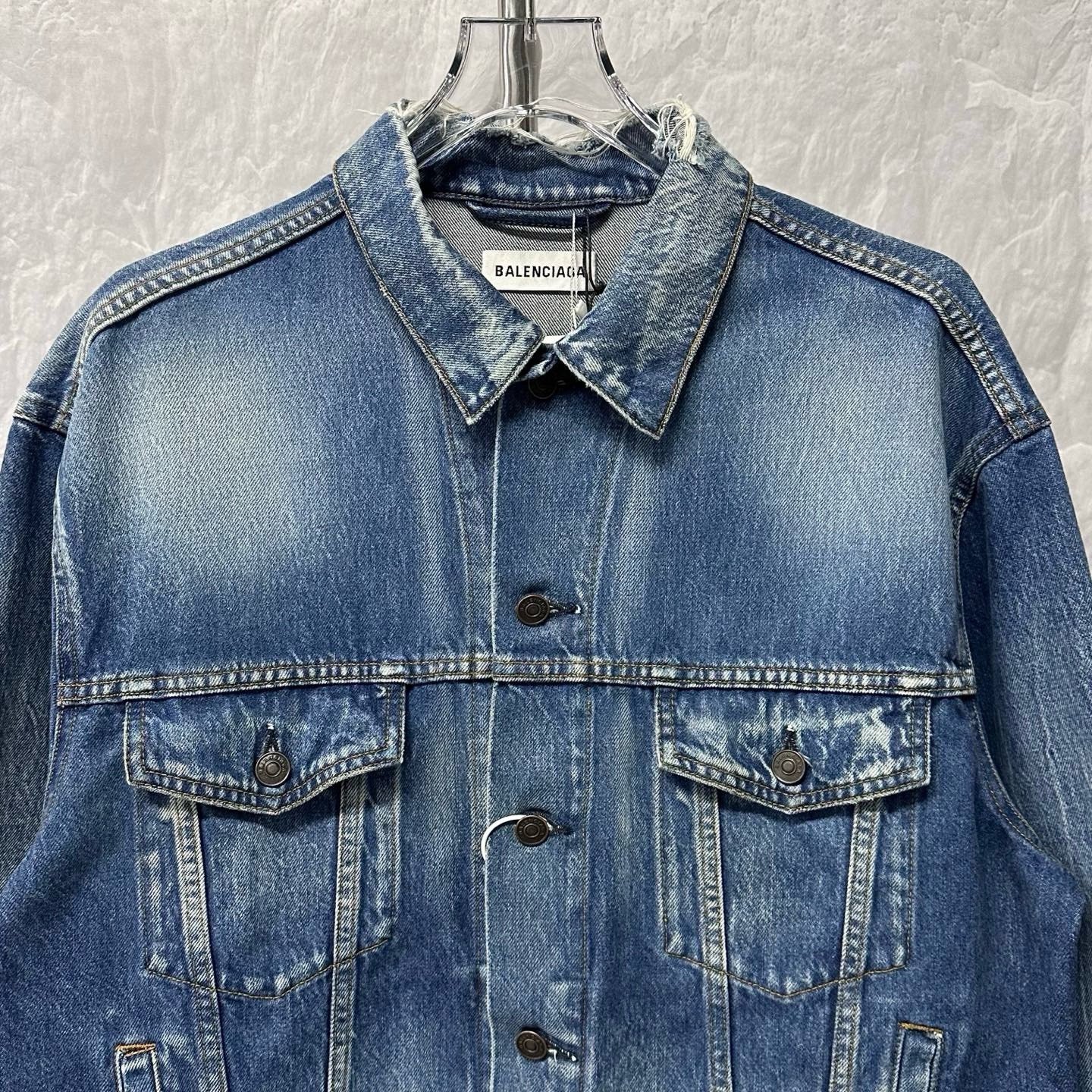 Balenciaga Washed Logo Distressed Denim Jacket — front
