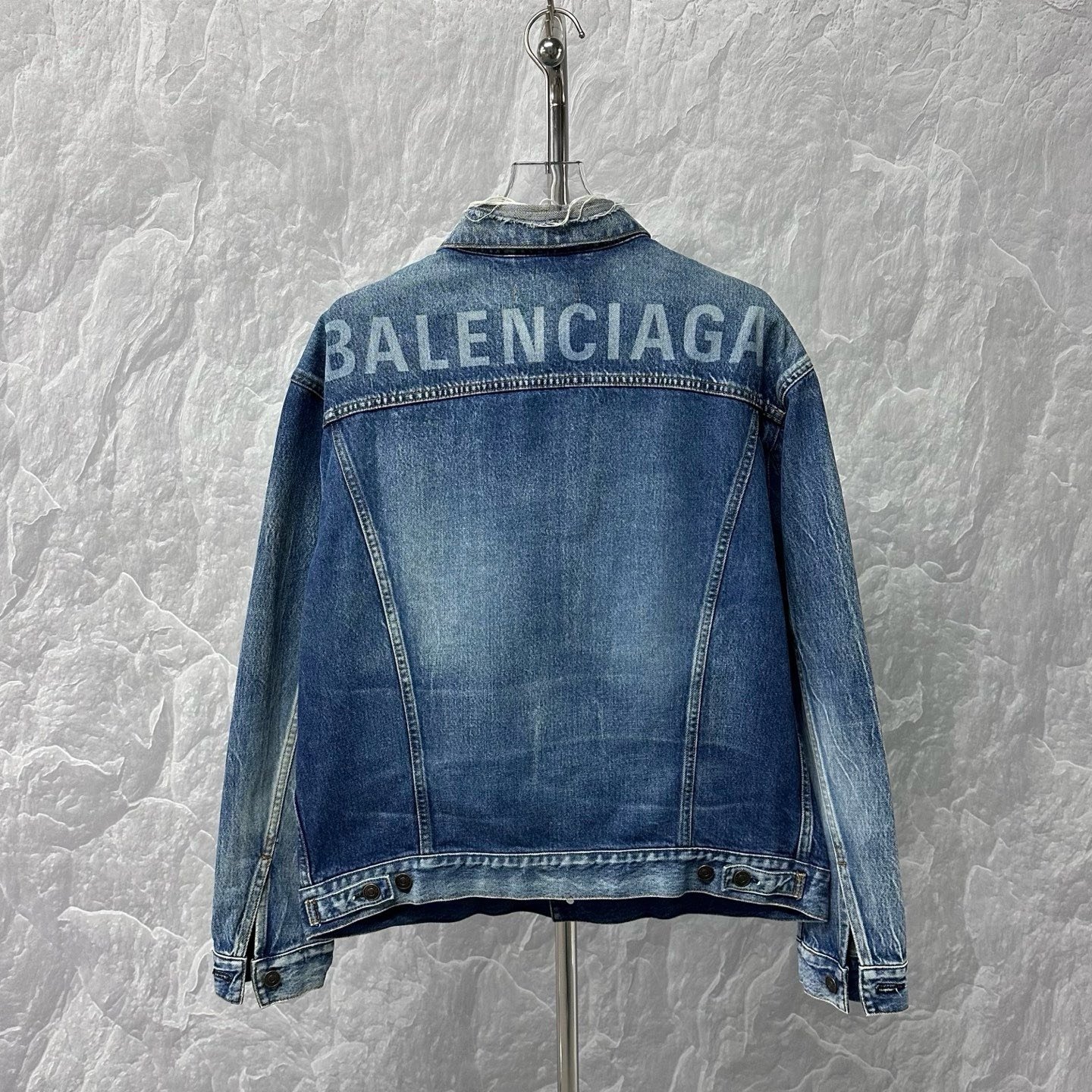 Balenciaga Washed Logo Distressed Denim Jacket — back