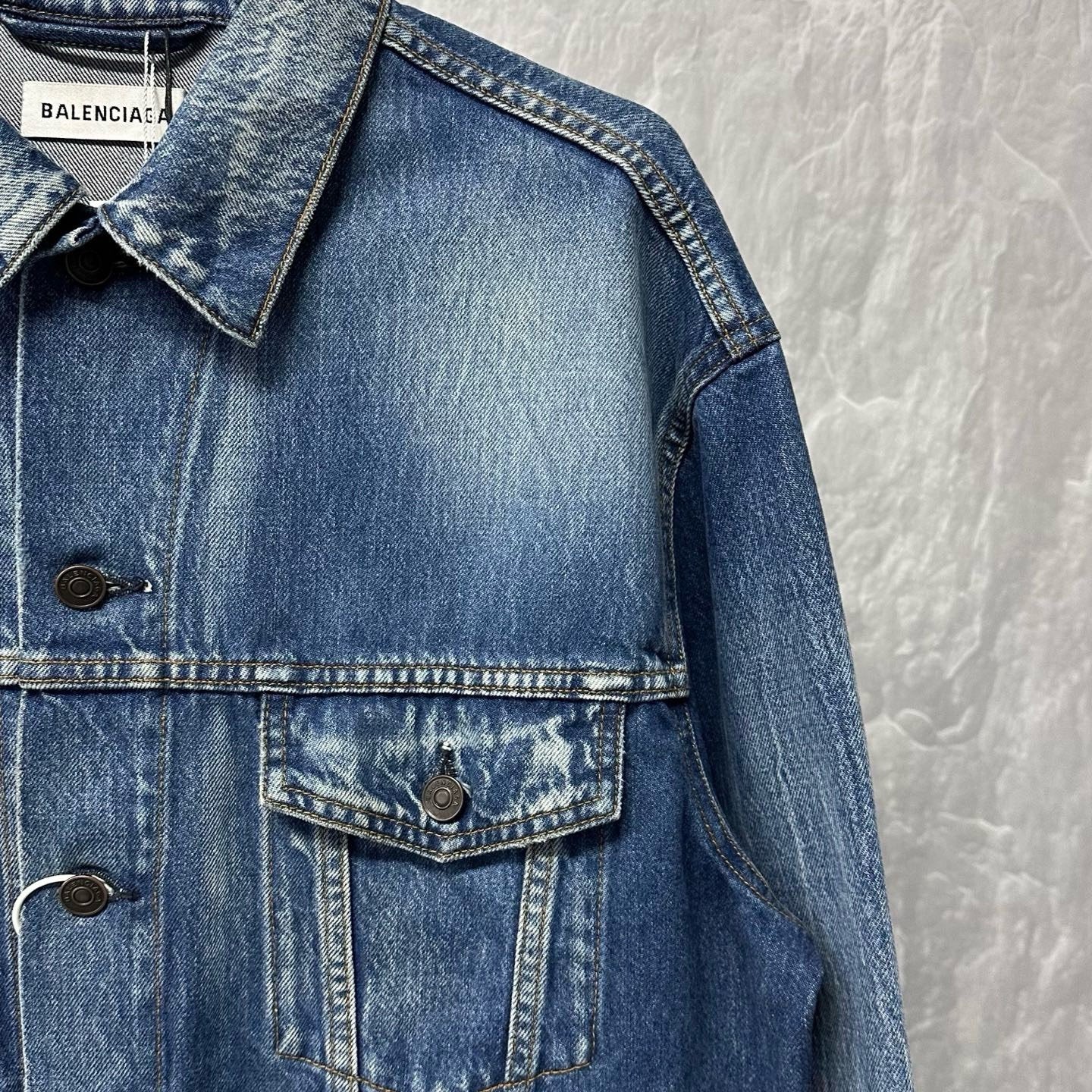 Balenciaga Washed Logo Distressed Denim Jacket — detail
