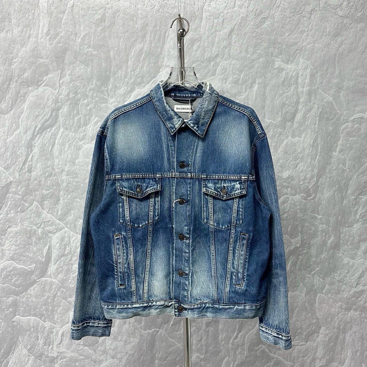 Balenciaga Washed Logo Distressed Denim Jacket