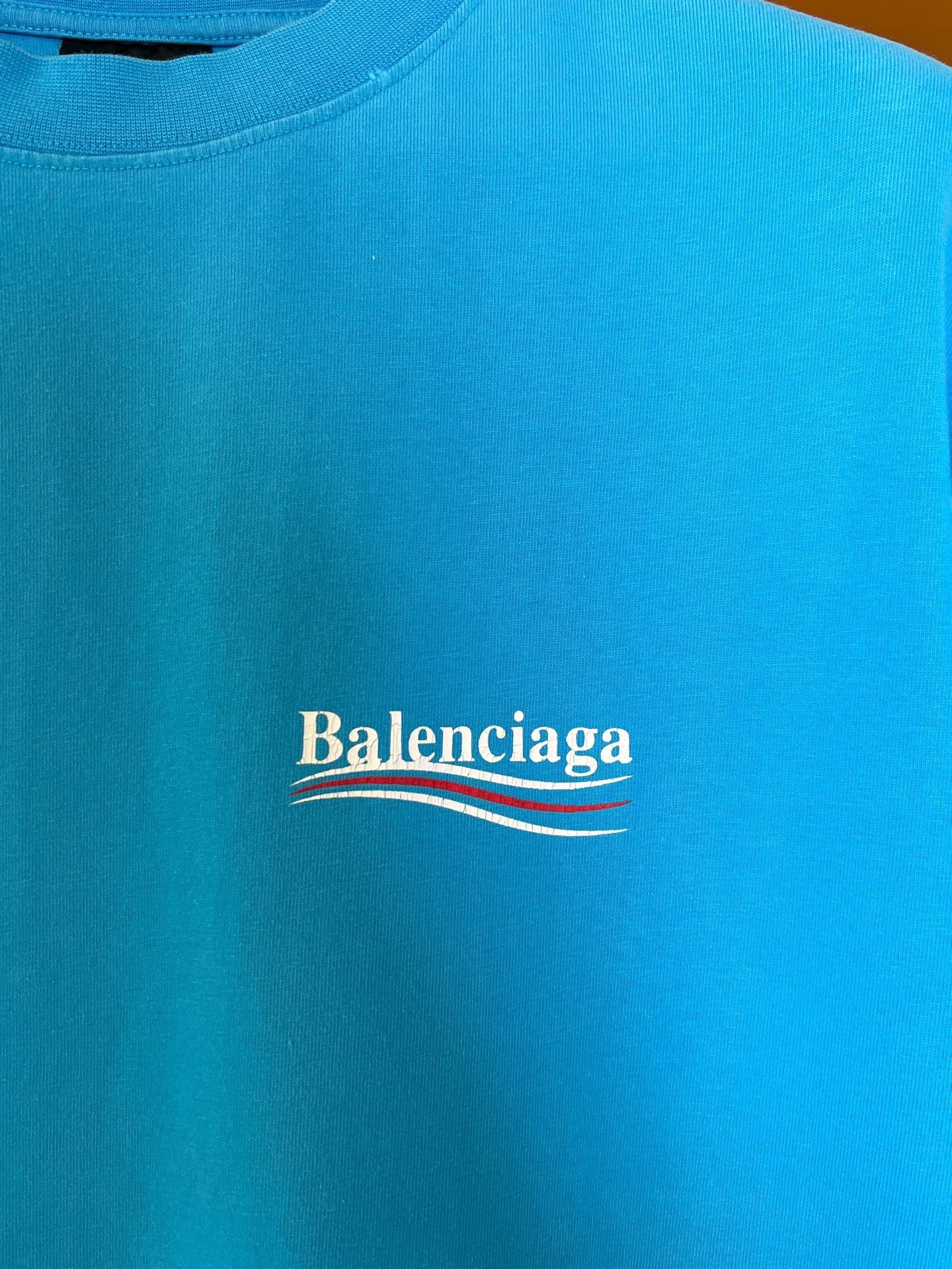 Balenciaga Blue Destroyed Logo Short Sleeve — detail