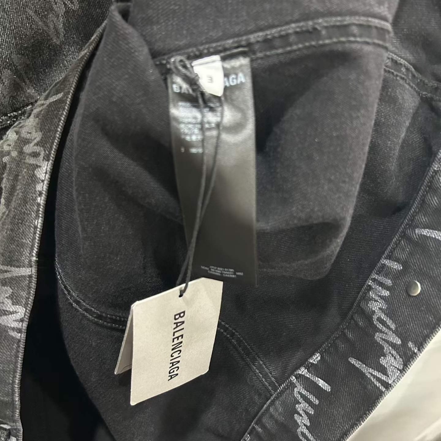 Balenciaga Washed Black Logo Print Denim Jacket — label