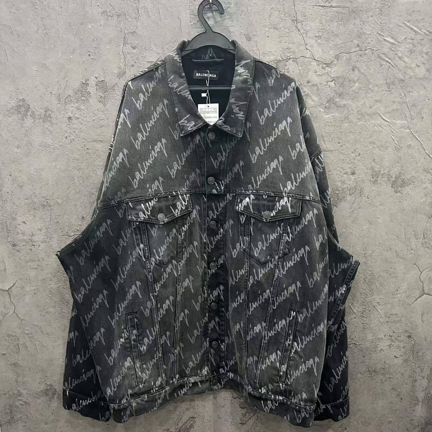 Balenciaga Washed Black Logo Print Denim Jacket