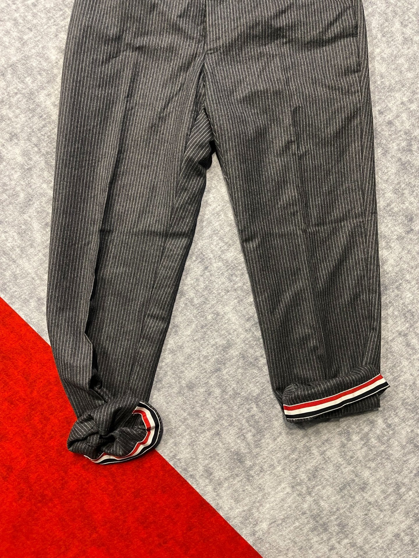Thom Browne Gray Striped Wool Trousers — front