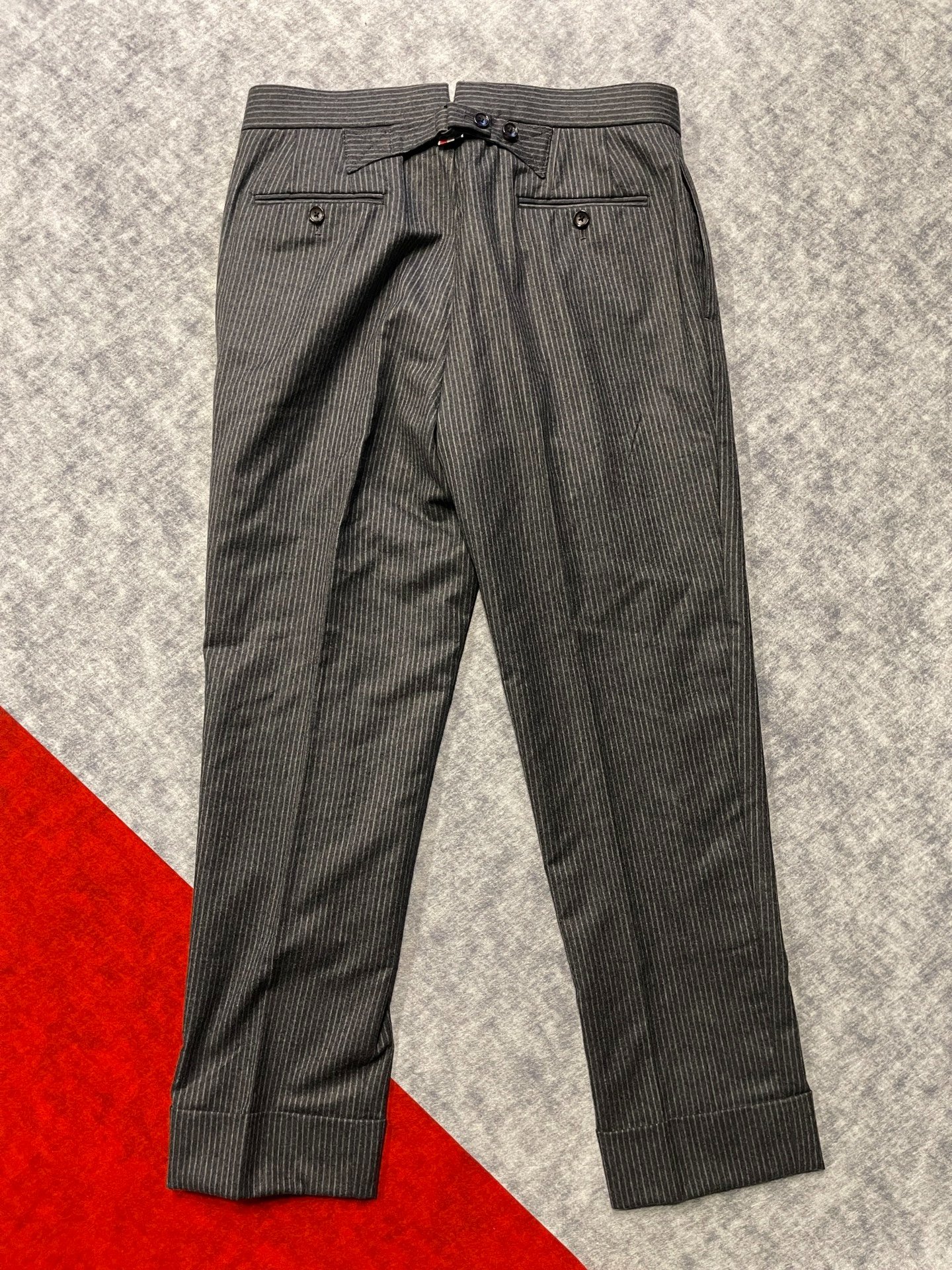 Thom Browne Gray Striped Wool Trousers — detail