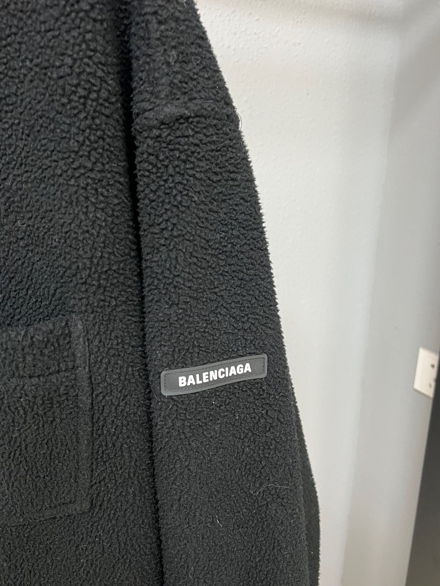Balenciaga Lamb Wool Fleece Sleeve Logo Jacket — detail