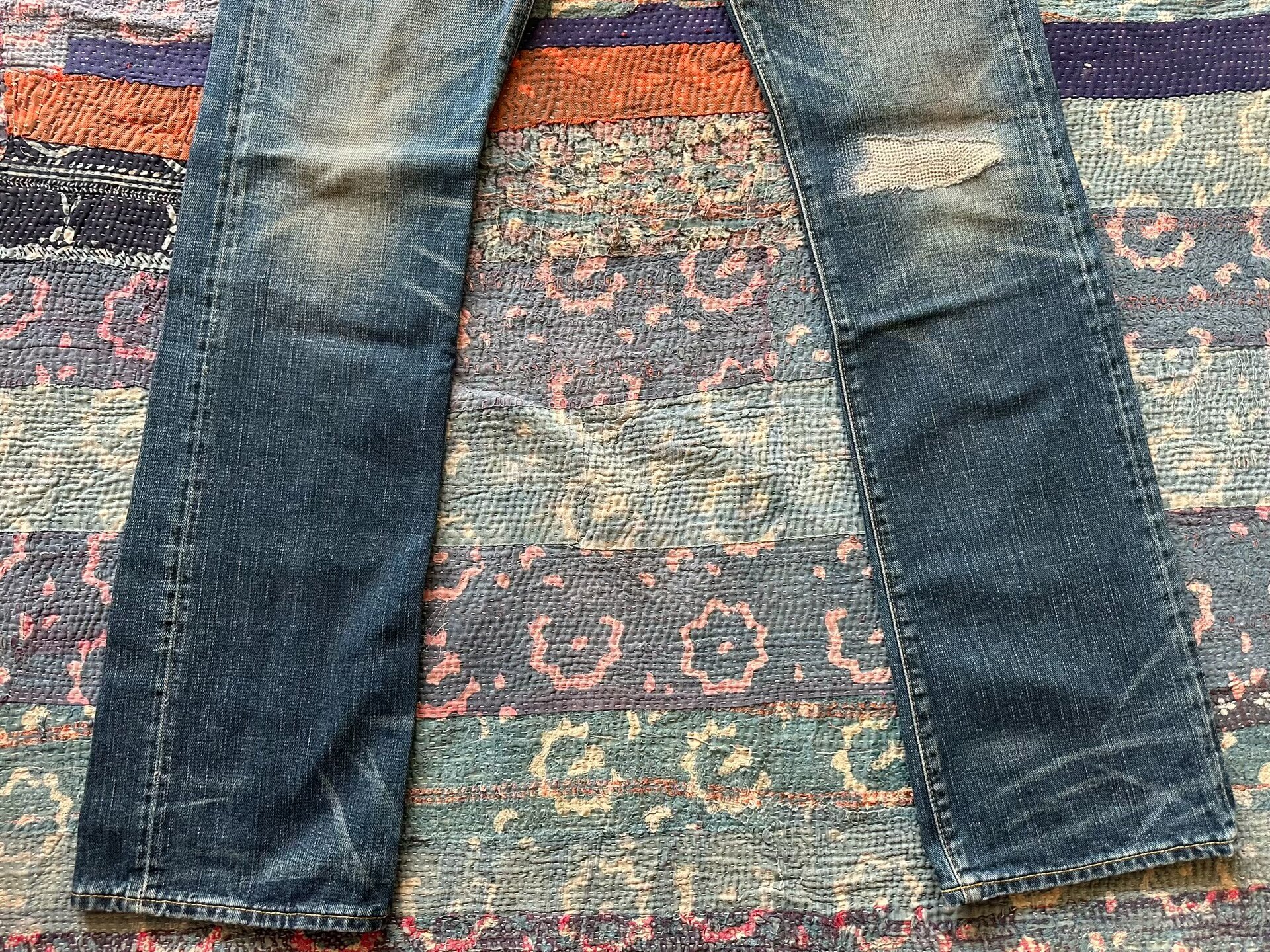 RRL Slim Boot Cut Distressed Jeans — label