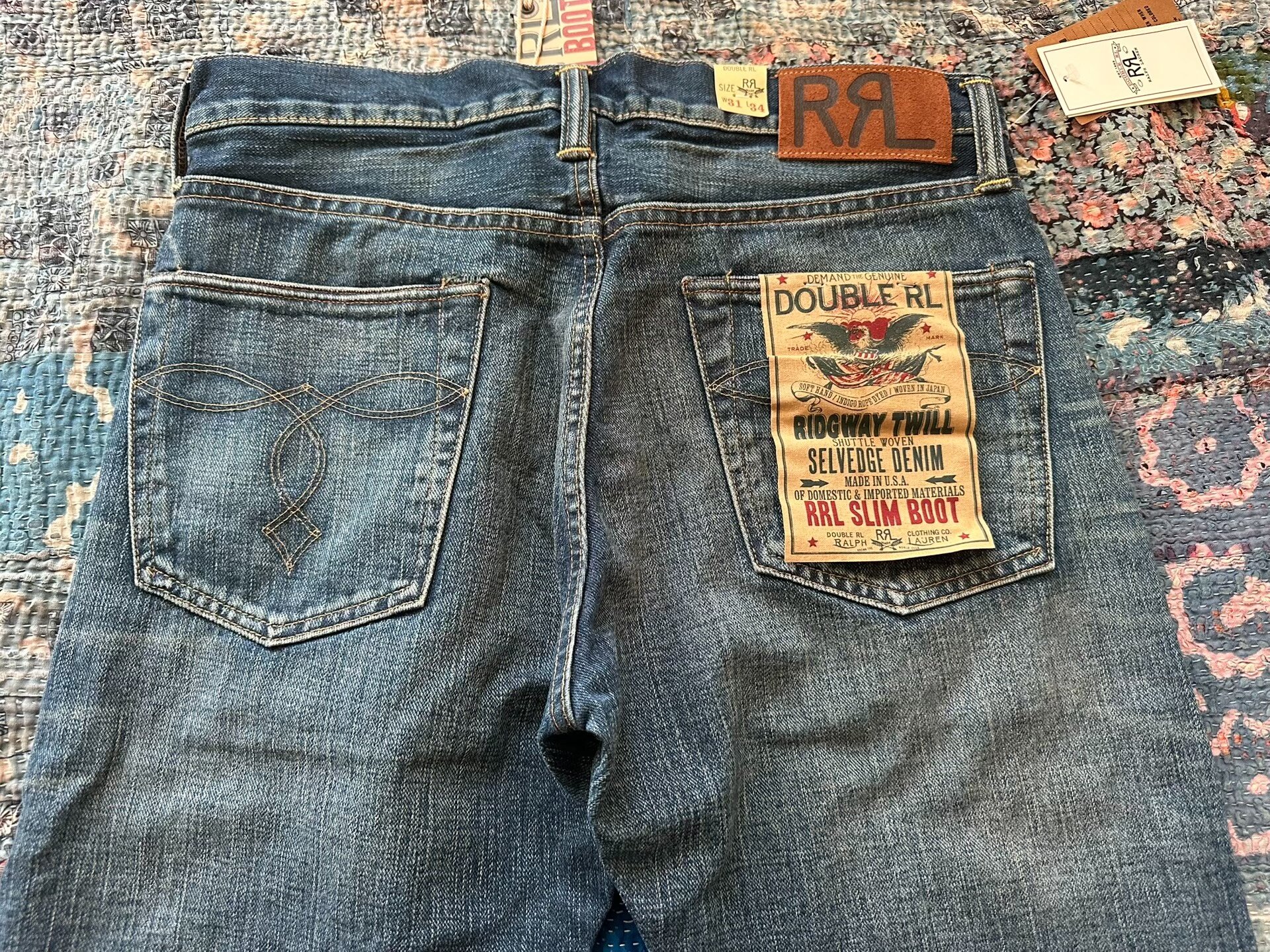RRL Slim Boot Cut Distressed Jeans — detail