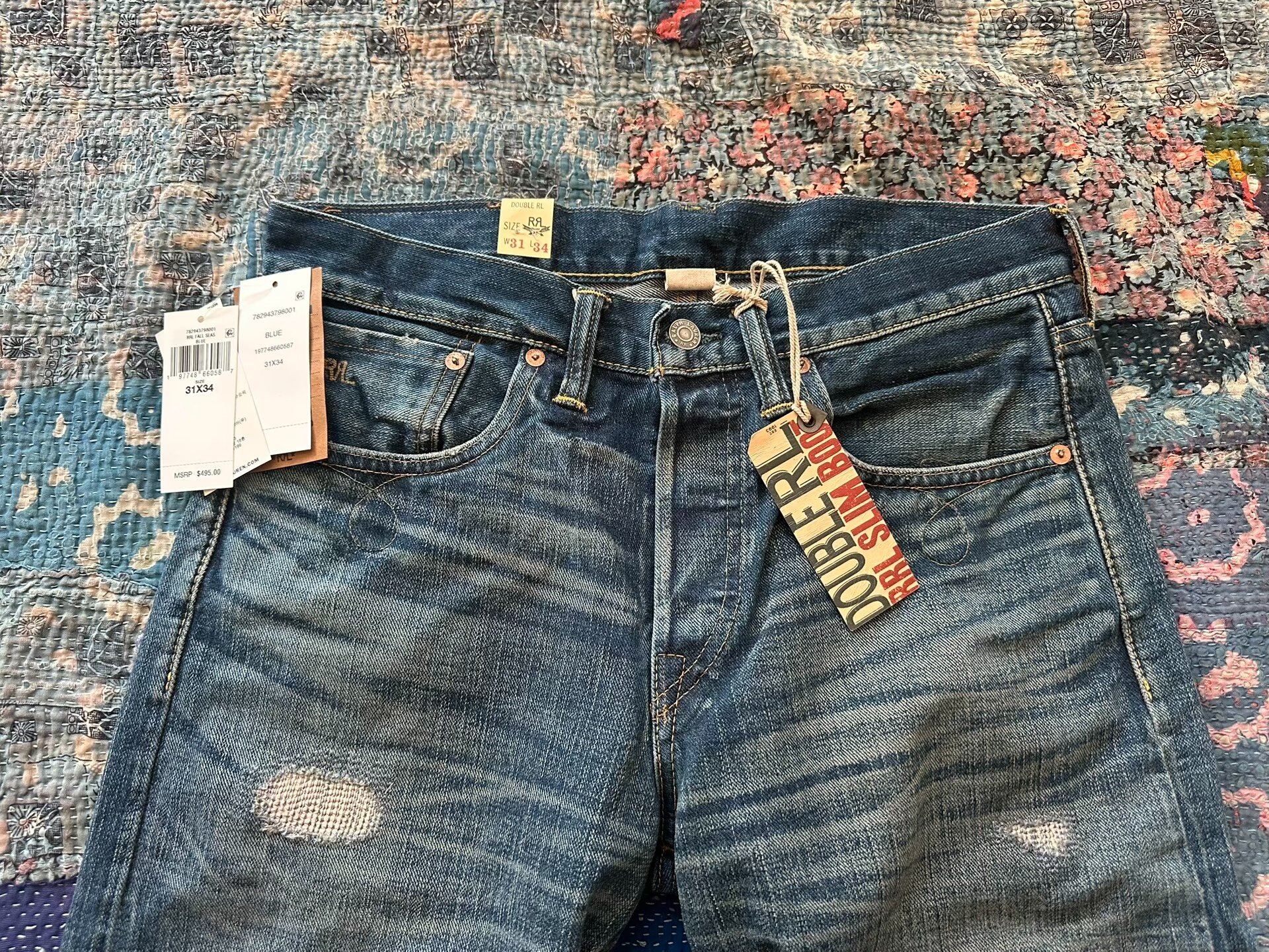 RRL Slim Boot Cut Distressed Jeans — back