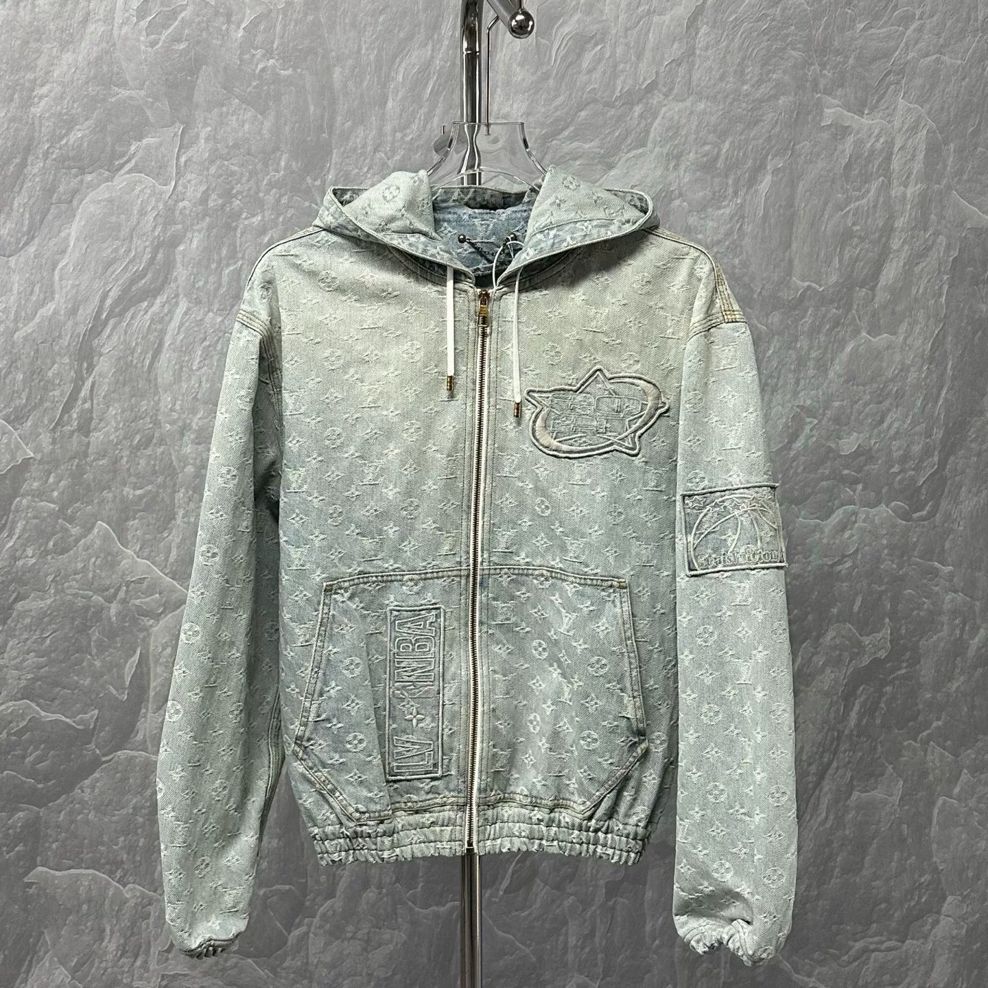 Louis Vuitton NBA Embroidered Hooded Denim Jacket — front