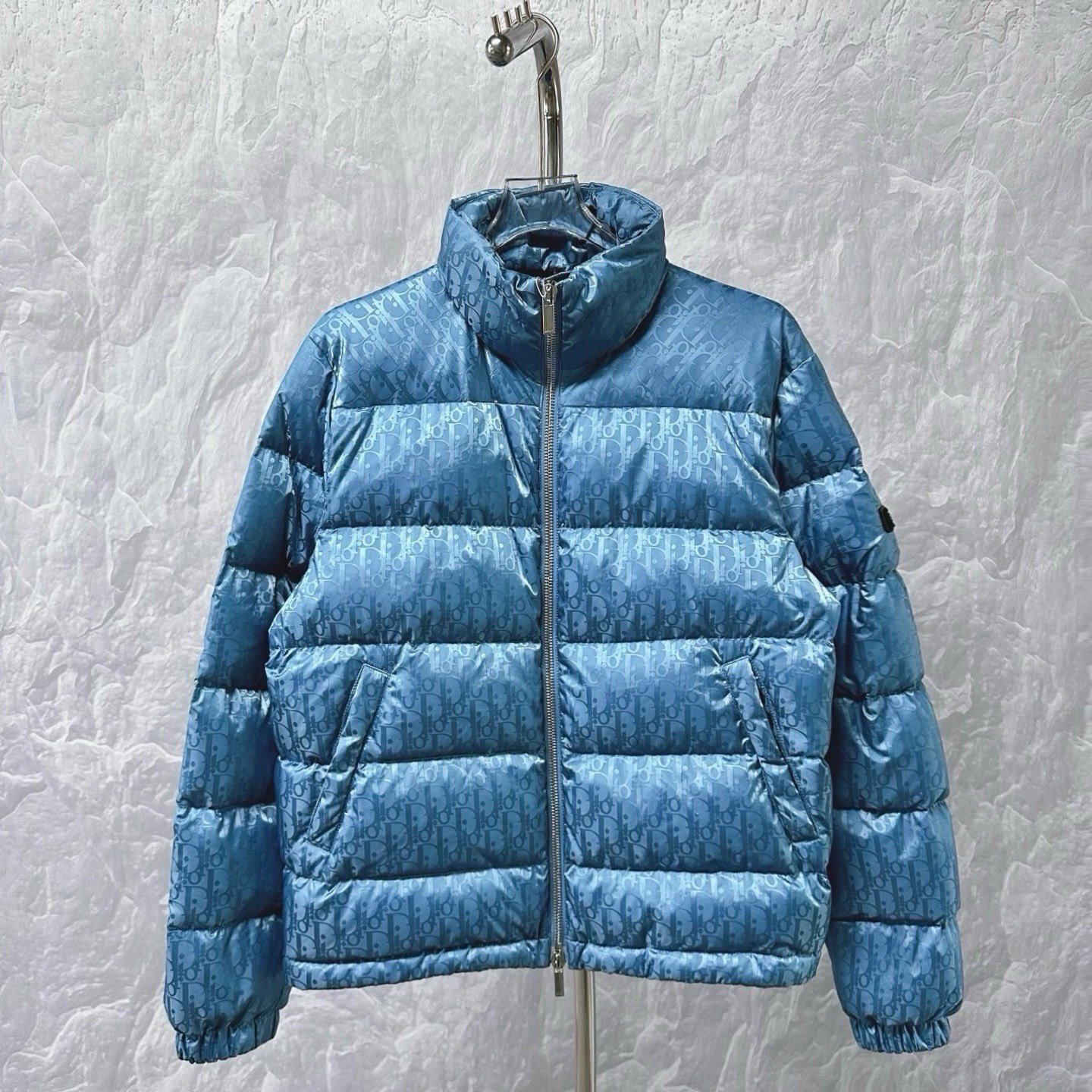 Dior Blue Logo Print Stand Collar Down Jacket